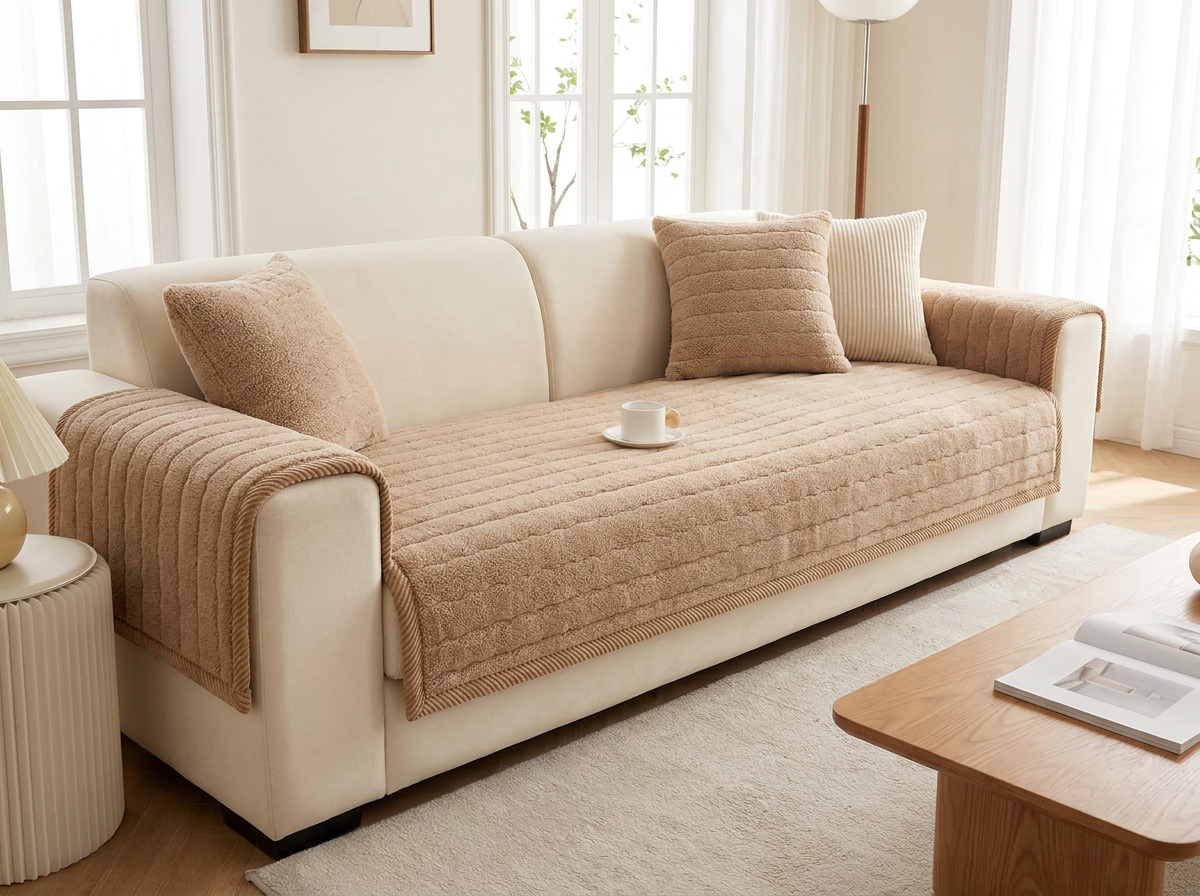Dune plush sofa cover draped over a cream three-seat sofa in a modern living room