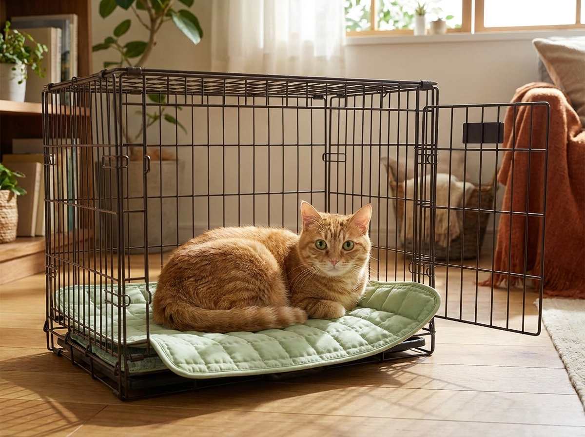 Cat resting on the sage-green Clover quilted cat mat inside an open pet crate