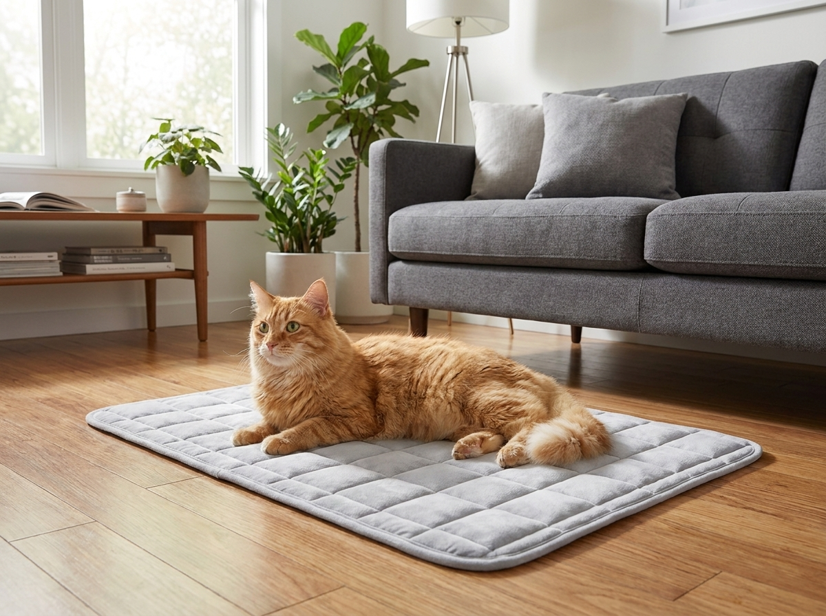Cat lounging on the grey Clover quilted cat mat on a hardwood floor