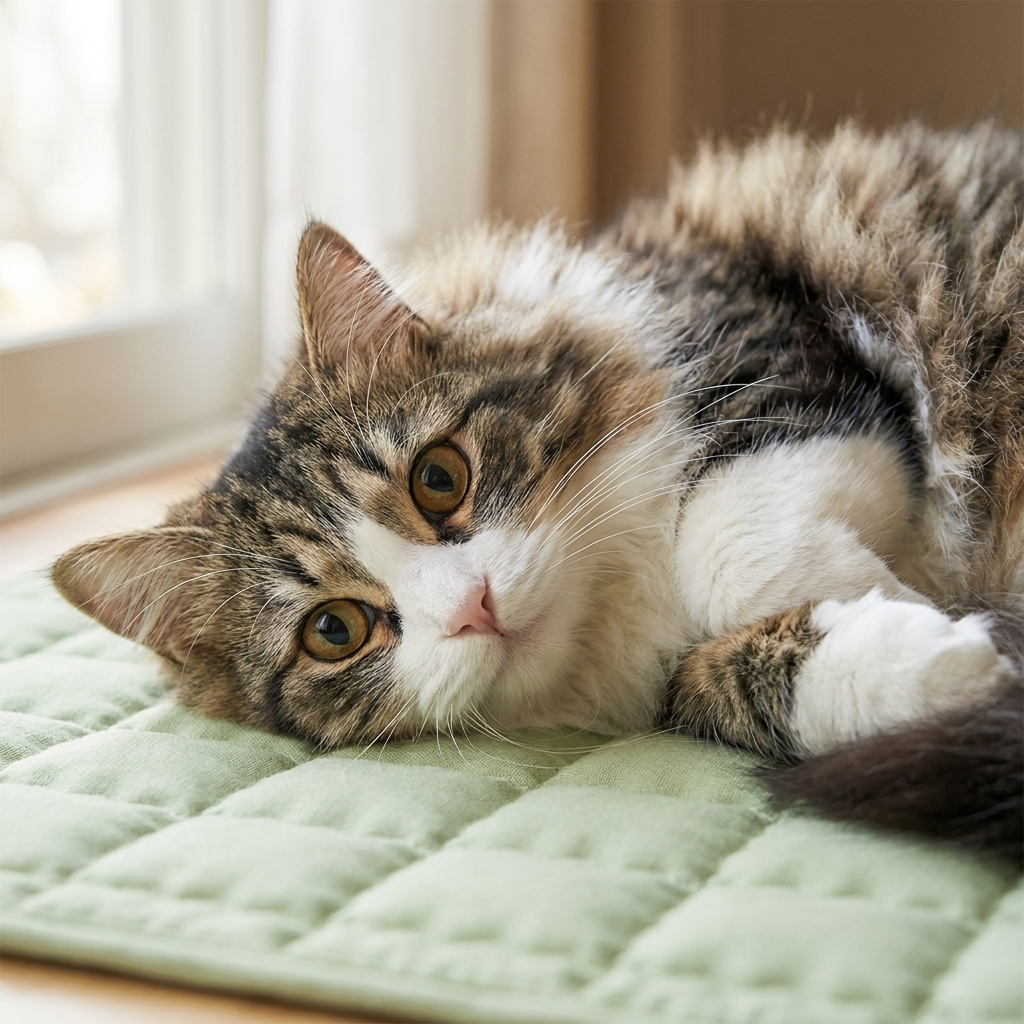 Fluffy cat curled up cozy on the sage-green Clover quilted cat mat