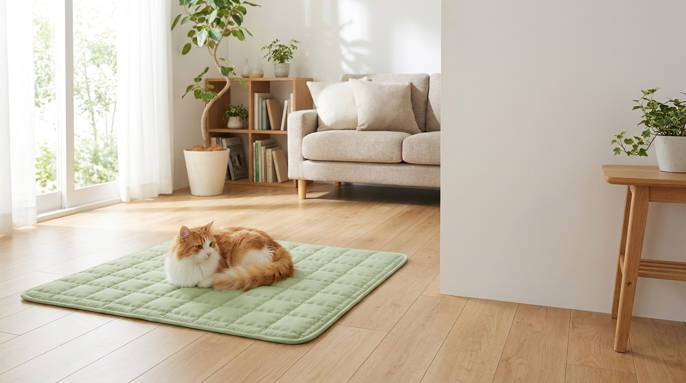 Cat resting on the Clover quilted mat in a bright living room