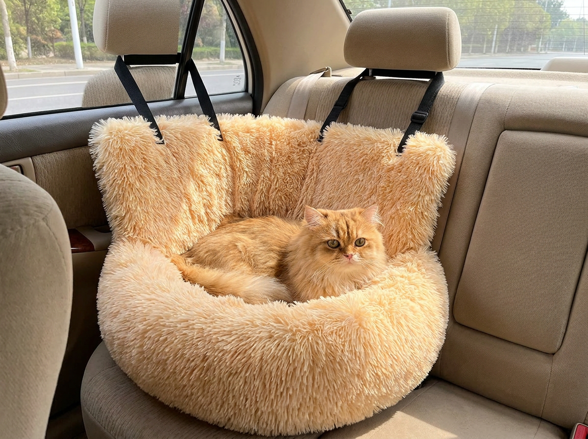 Cat sitting in the apricot Rove plush cat car-seat bed secured to the back seat