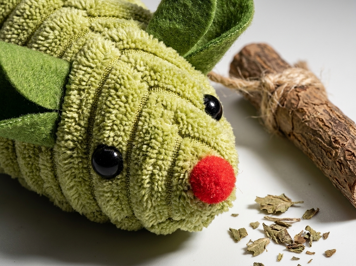 Macro of the green ribbed Scurry mouse toy with silvervine stick tail and catnip