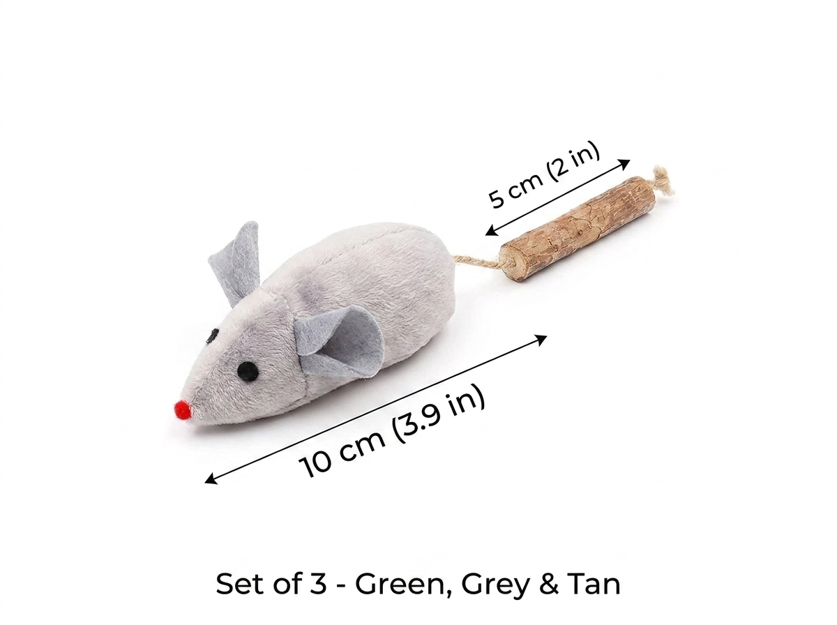 Scurry mouse toy size guide: 10cm body plus 5cm silvervine stick tail, set of 3