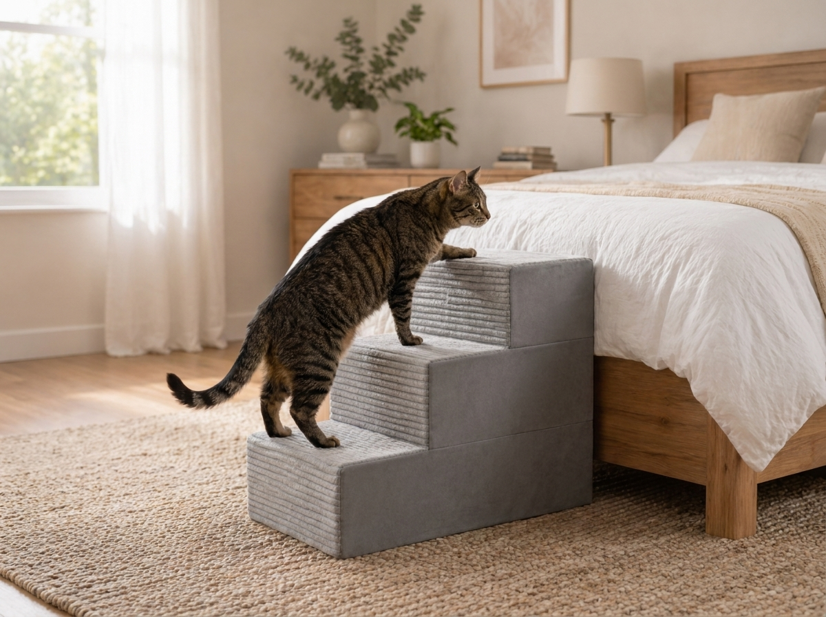 Cat climbing the Tier grey foam cat stairs up to a bed