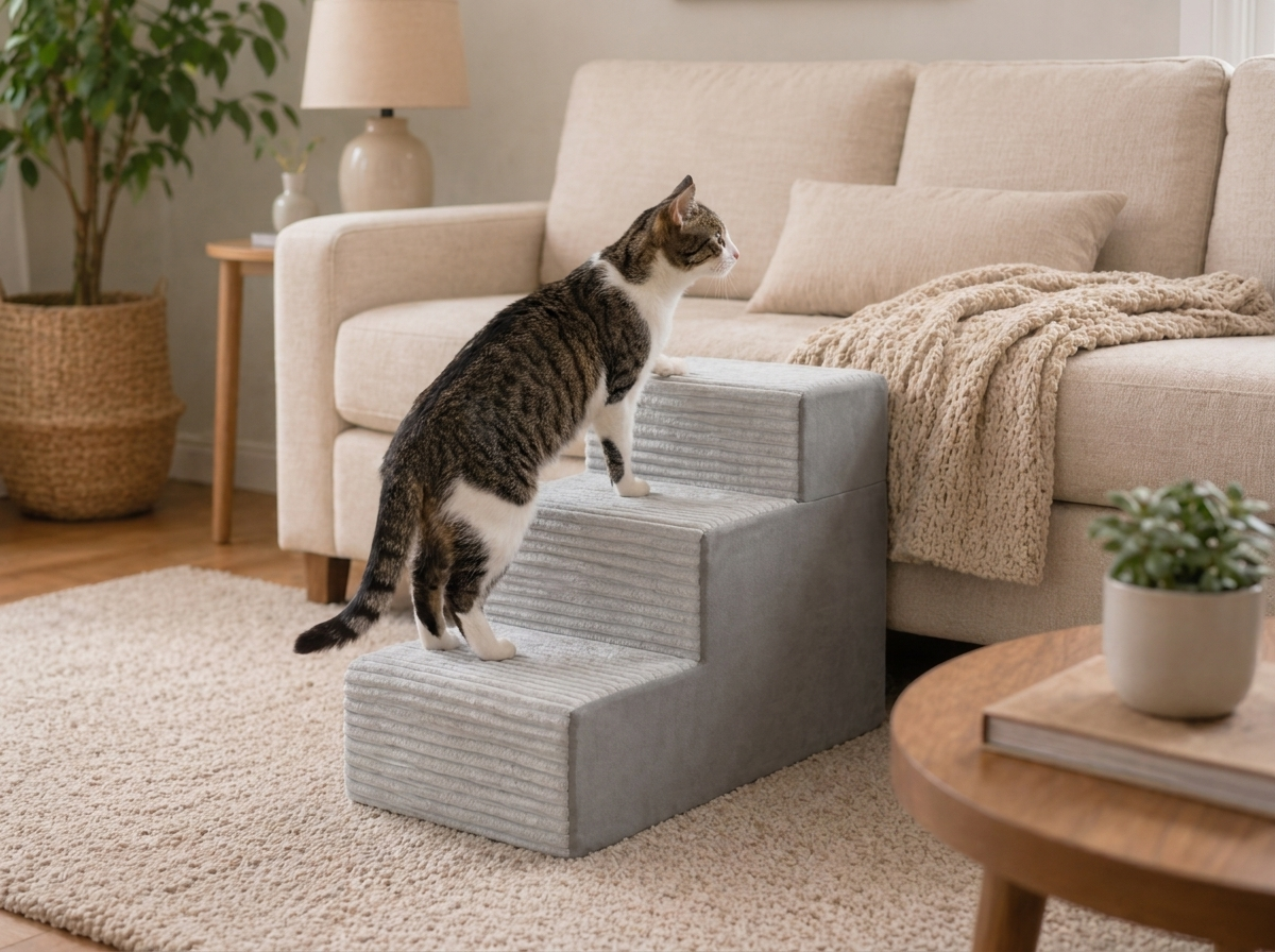 Cat climbing the Tier grey cat stairs up to a sofa