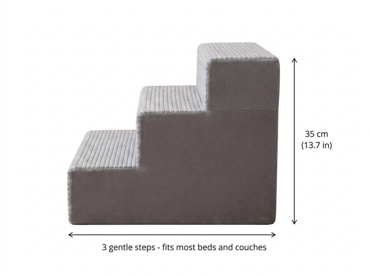 Tier cat stairs size guide: 35cm / 13.7in tall, 3 gentle steps