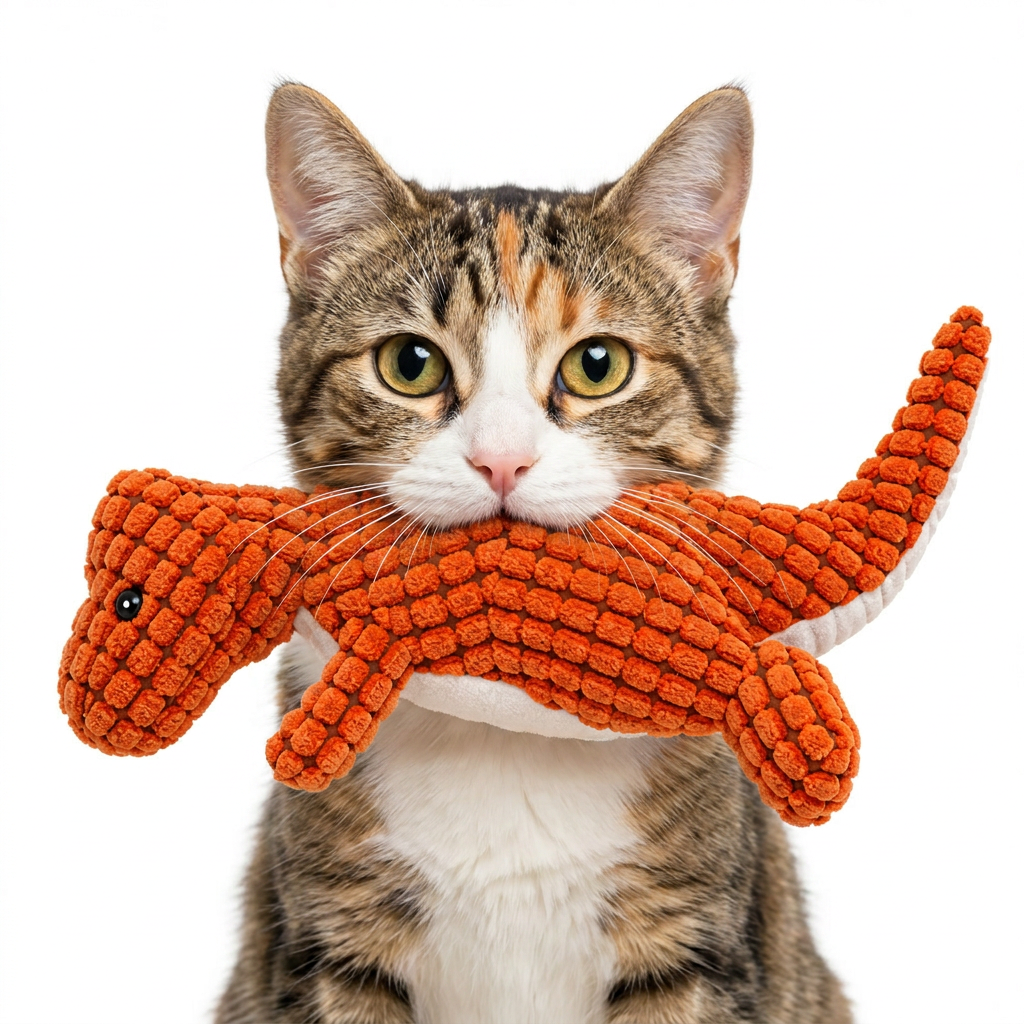 Cat holding the Rex Dino plush cat toy