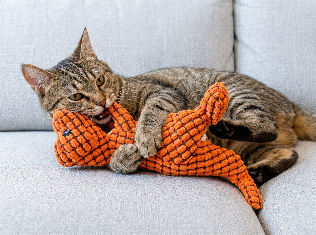 Cat bunny-kicking the Rex Dino cat toy on a couch