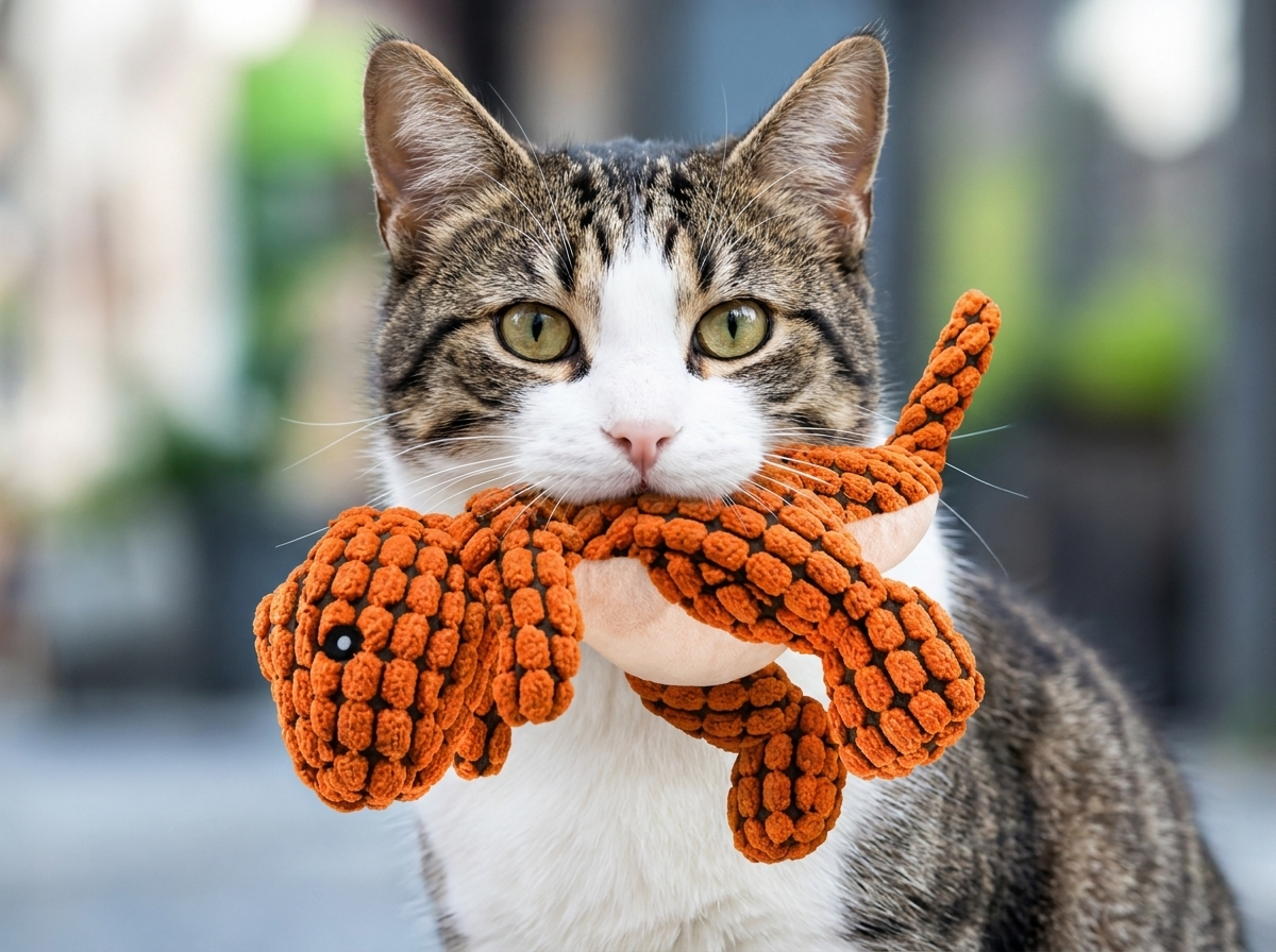 Cat carrying the Rex Dino cat toy