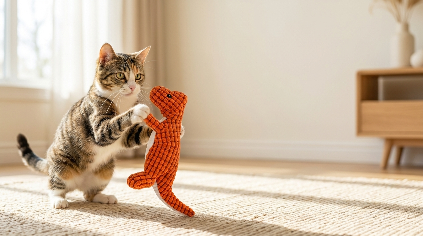 Cat playing with the Rex Dino cat toy at home