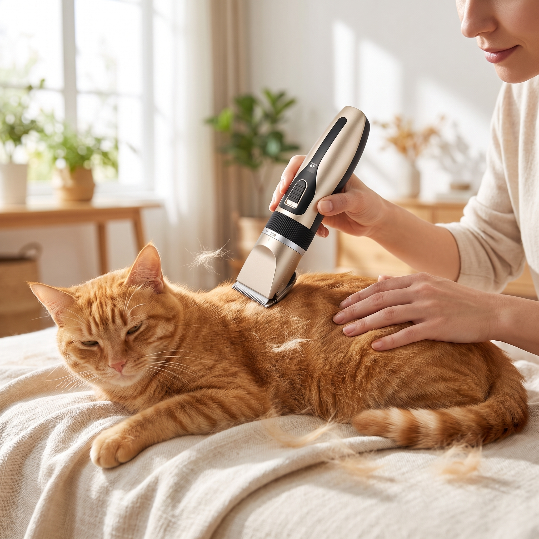 Woman trimming an orange cat's coat with the Glide gold cordless clipper