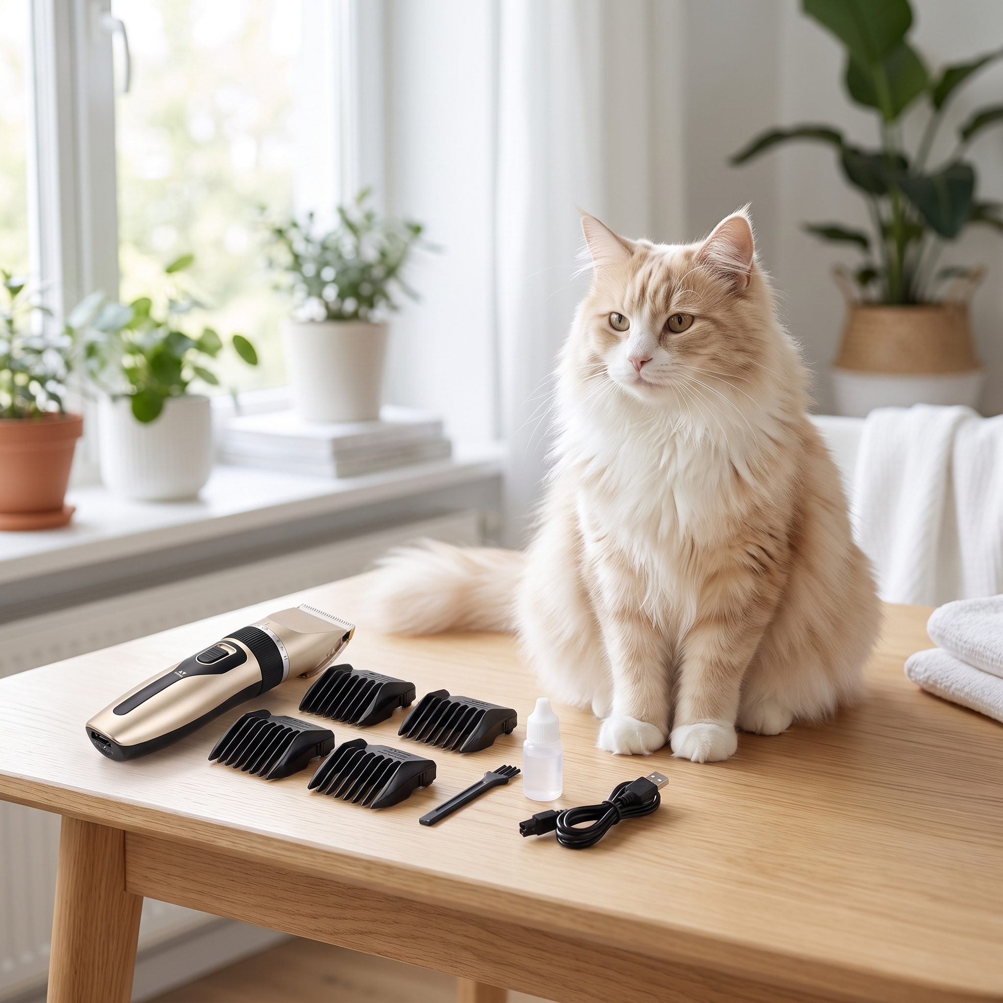 The complete Glide gold clipper kit on a table with a calm cat beside it