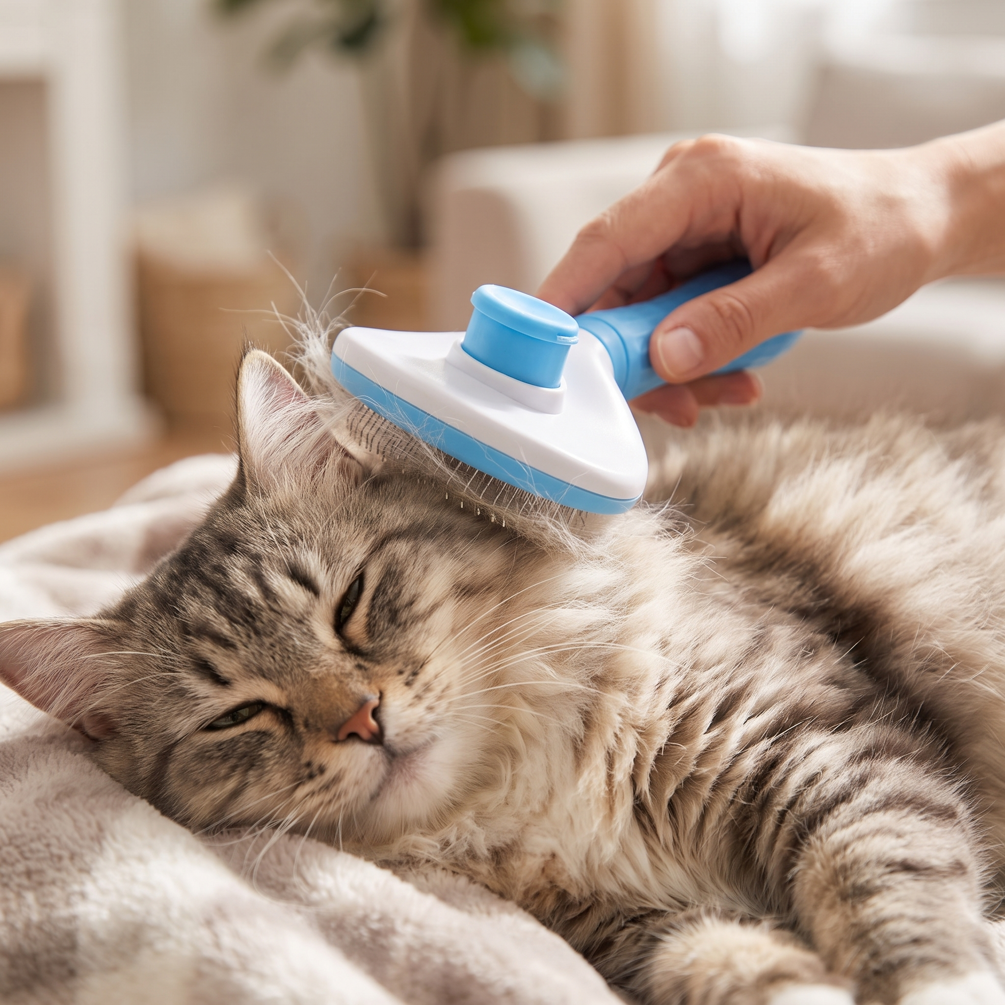 Close-up of the Sleek blue slicker brush lifting loose fur from a cat's coat