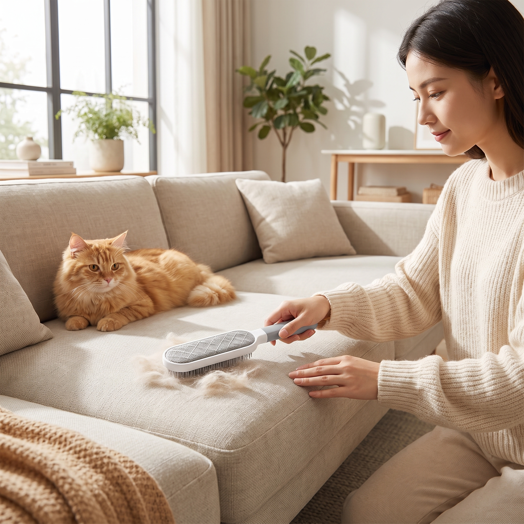 Woman using Purrela Whisk to remove cat fur from a beige sofa with a cat nearby
