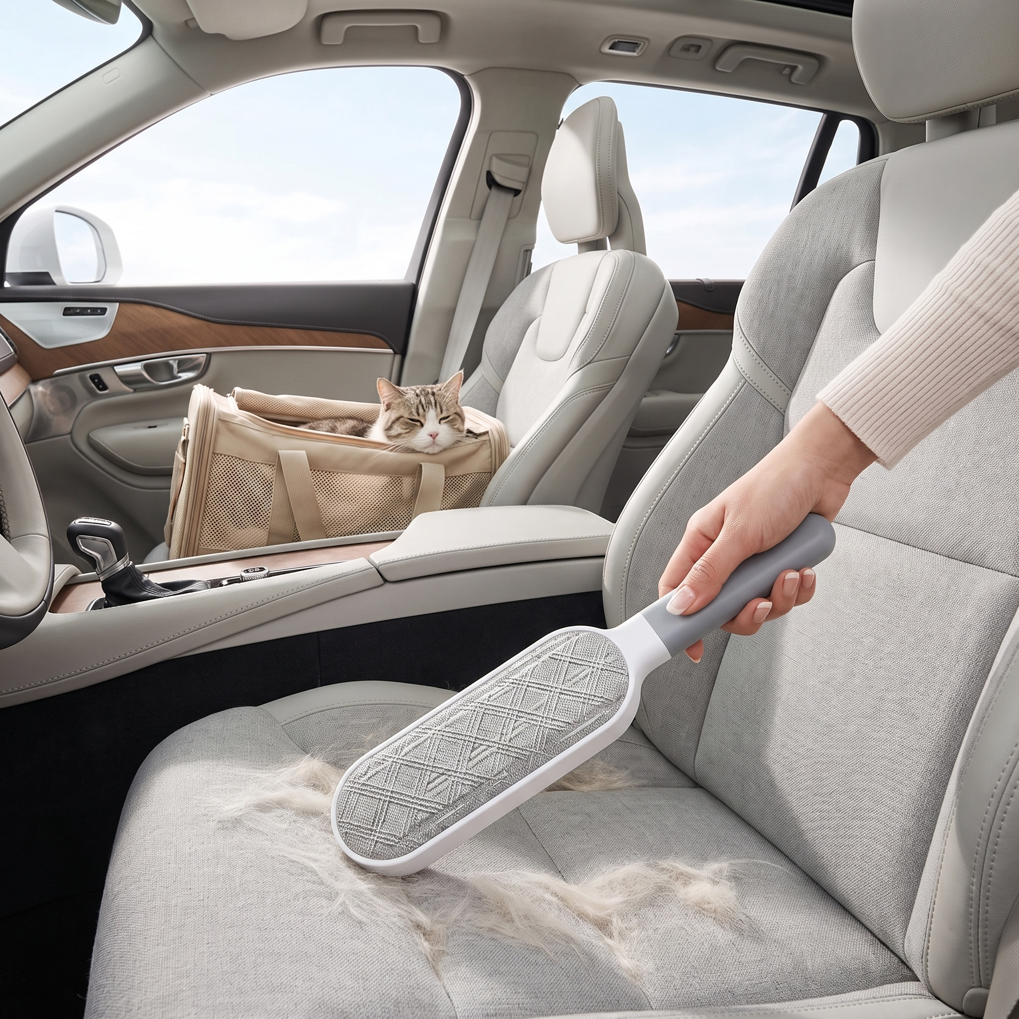 Purrela Whisk clearing cat hair from a car seat with a cat in a carrier