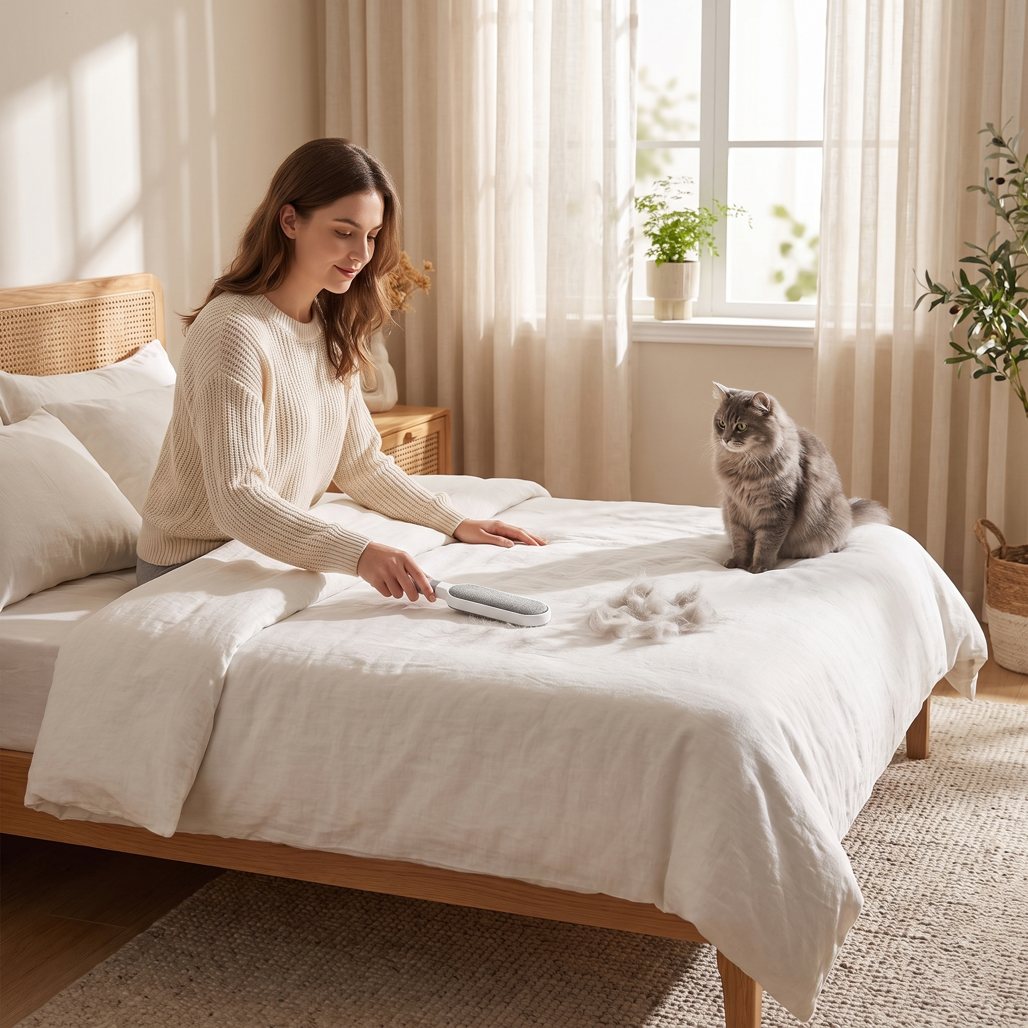 Purrela Whisk sweeping cat fur off a white bed duvet with a gray cat