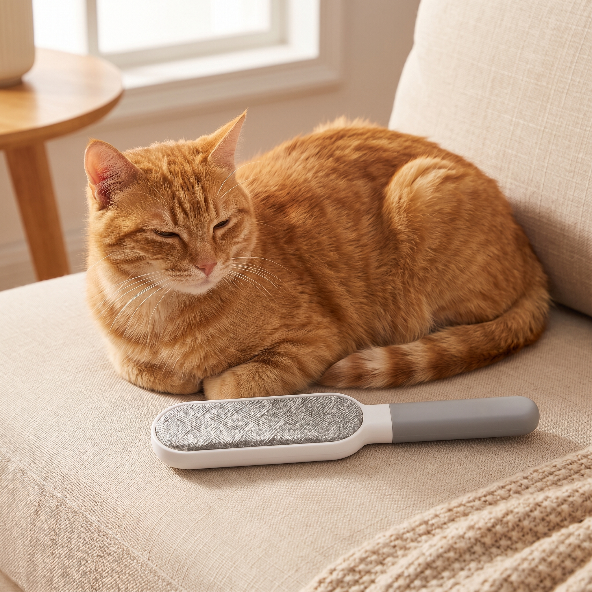 Purrela Whisk resting beside a content orange cat on a fur-free cushion