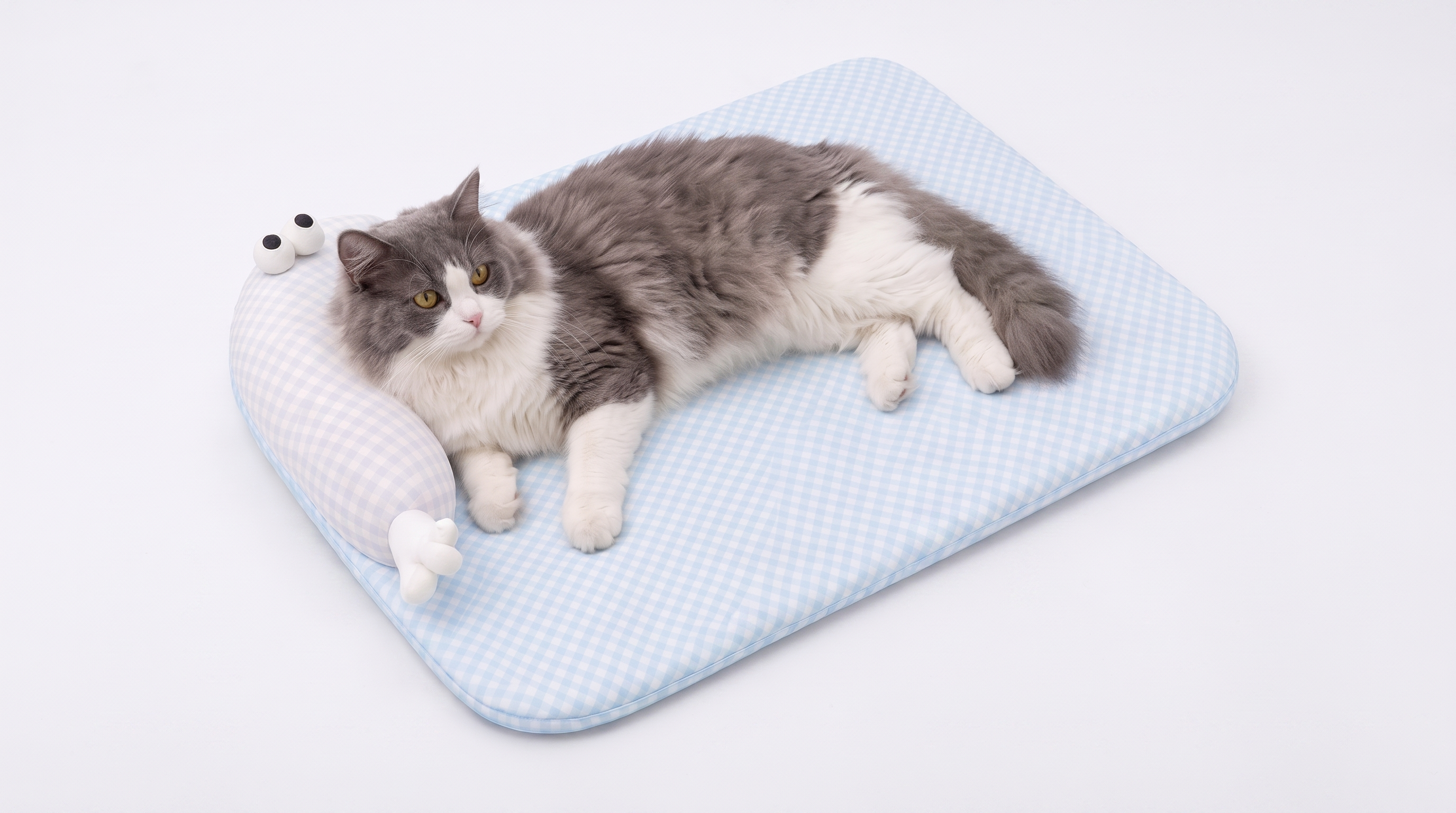 Fluffy cat lounging on the blue Purrela Marina cooling mat with white seal bolster
