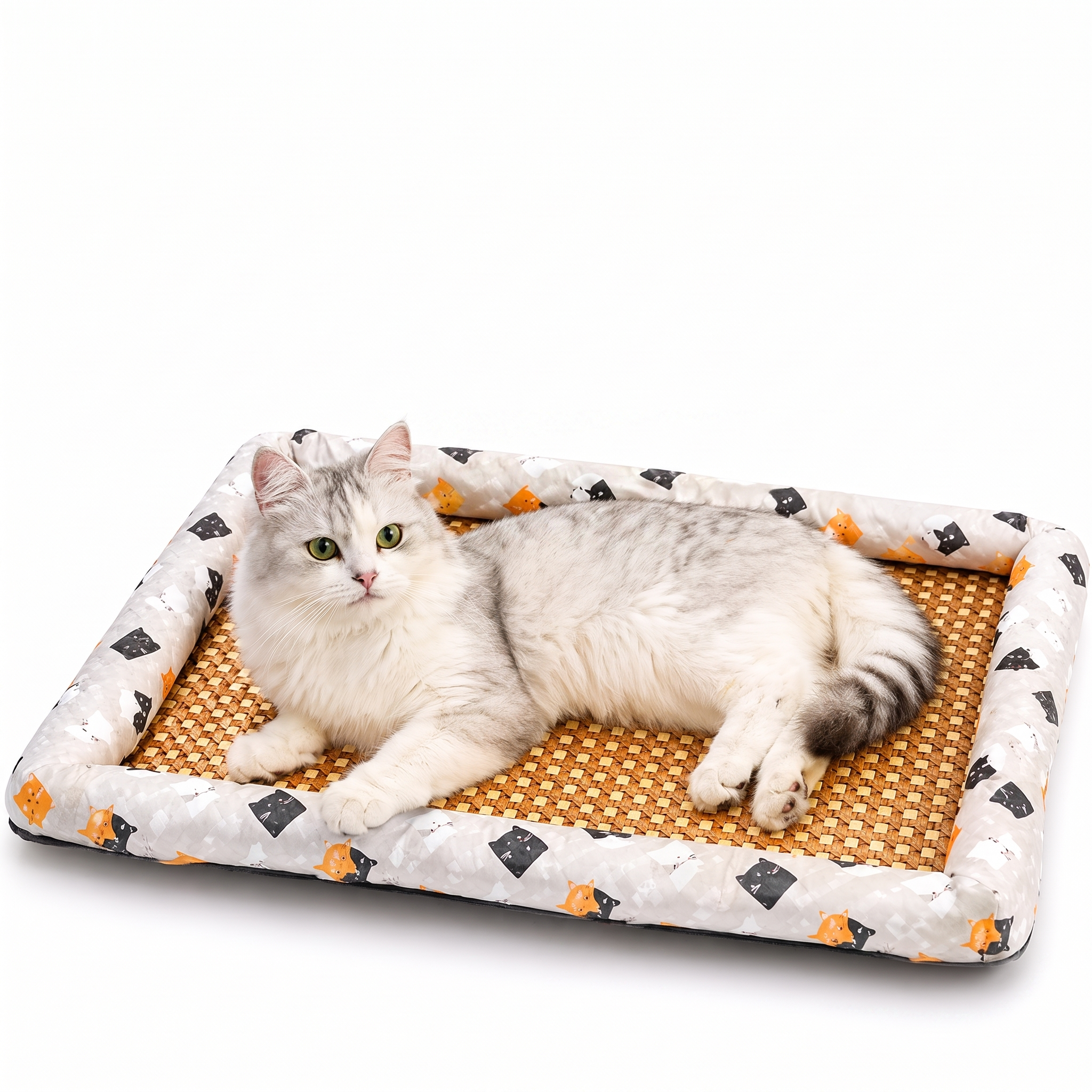 Silver cat resting on the grey Purrela Palma woven cooling mat