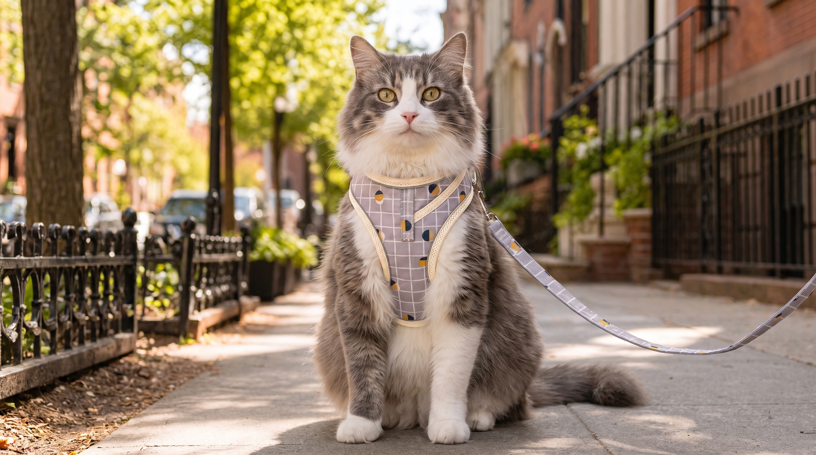 Cat wearing the grey Purrela Trek plaid harness and leash on a city sidewalk