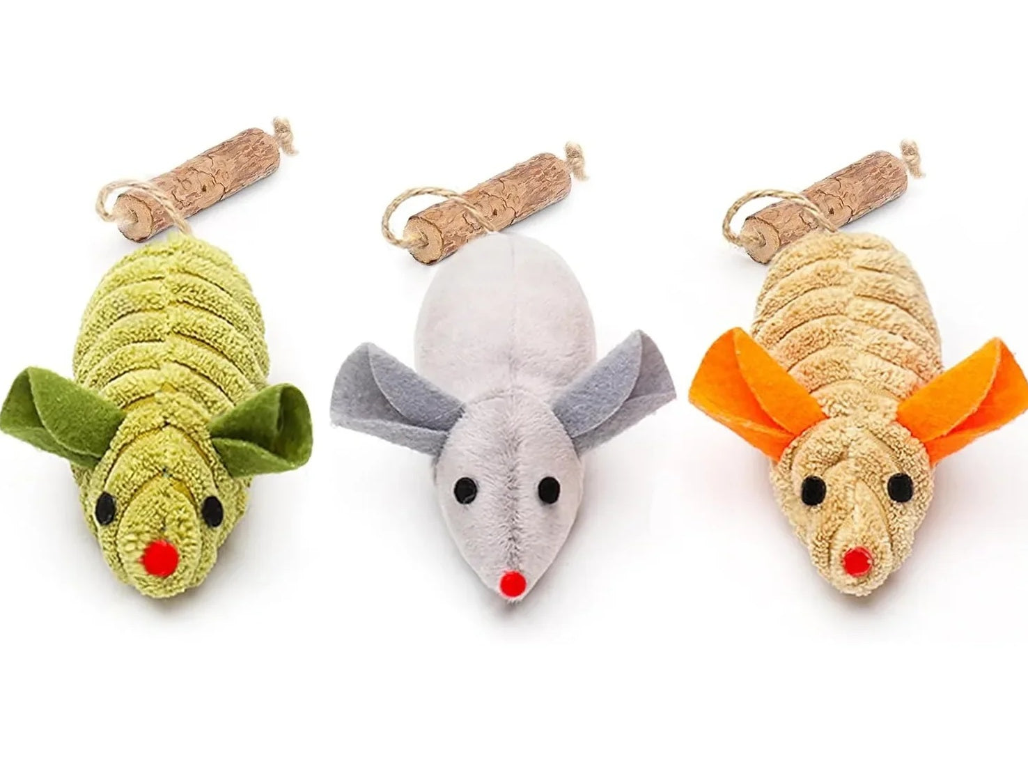 Scurry catnip mice 3-pack: green, grey and tan plush mice with silvervine stick tails