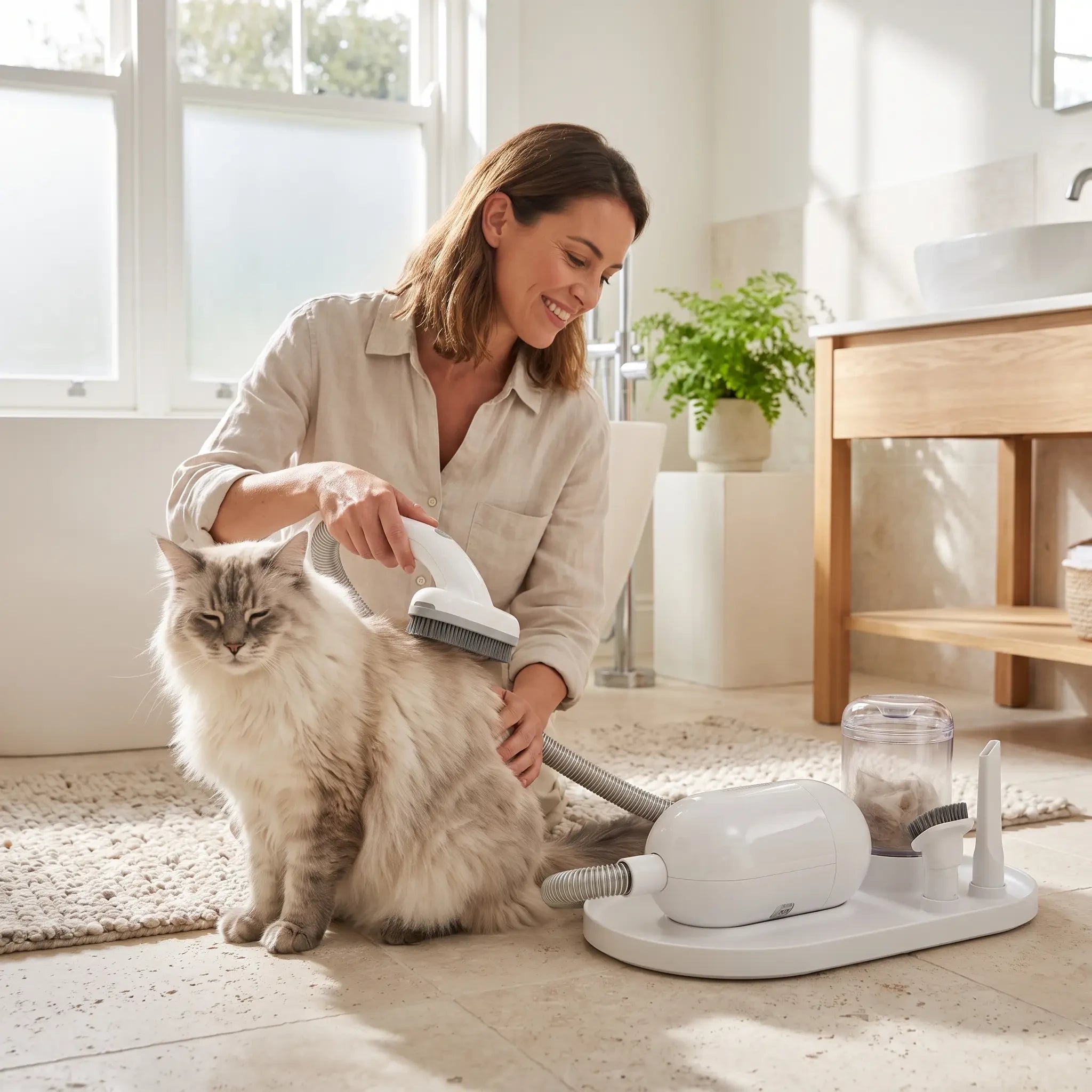 Woman grooming a calm long-haired cat with the Purrela Preen grooming vacuum in a bright bathroom