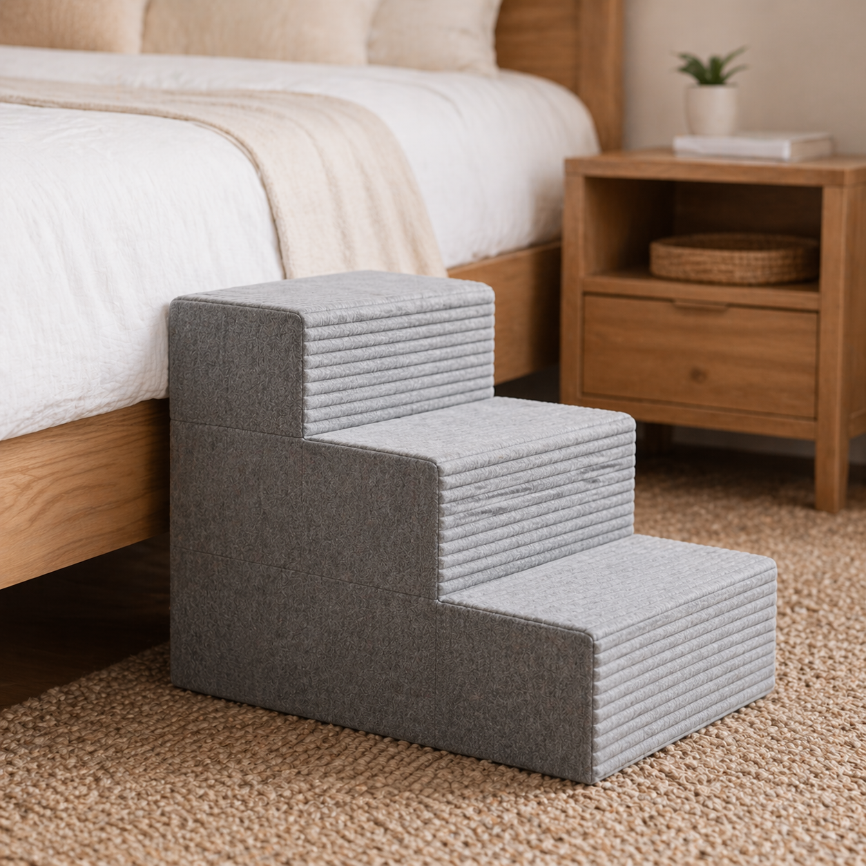 Tier 3-step grey foam cat stairs placed beside a bed
