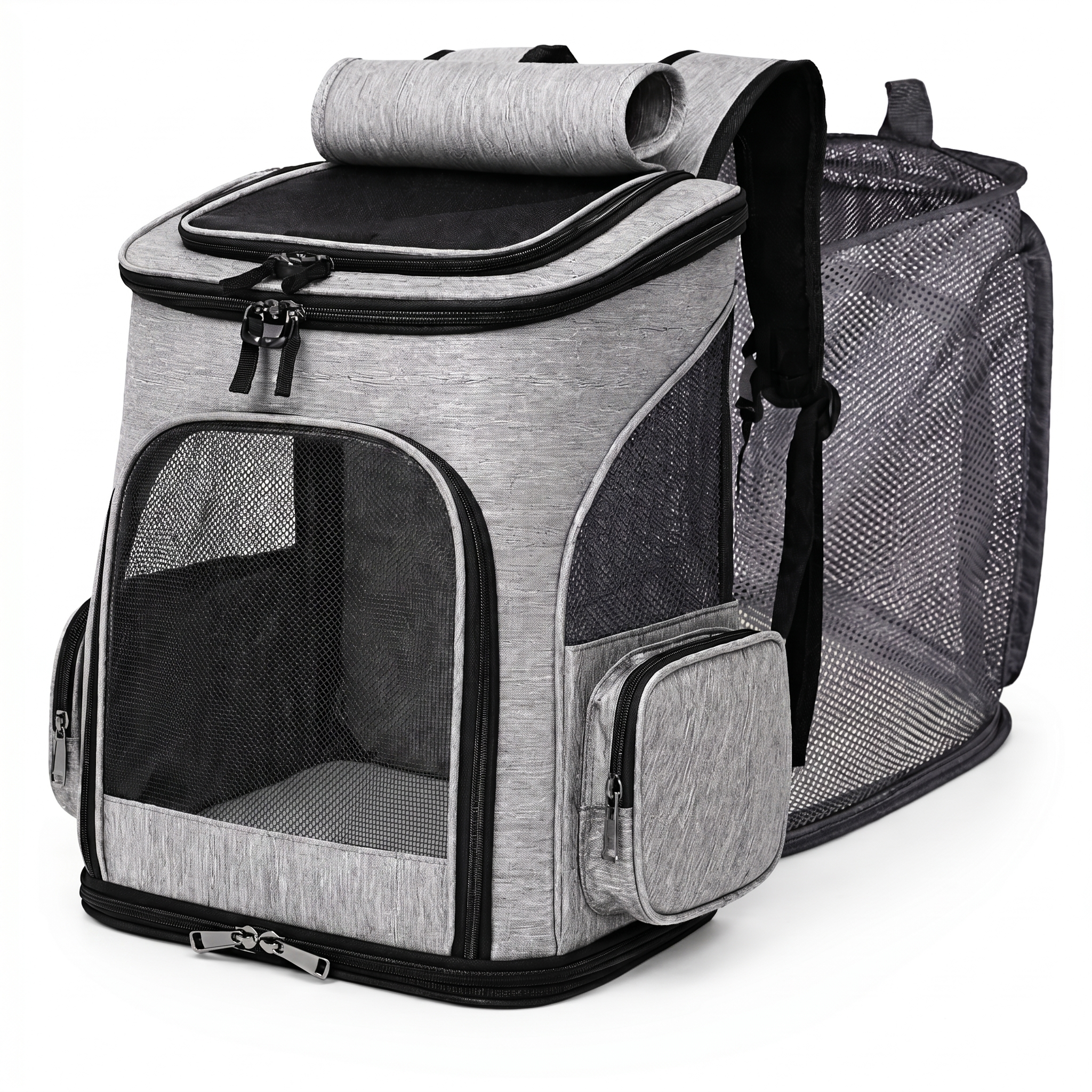 Voyage Haven heather grey expandable cat carrier backpack on a white background