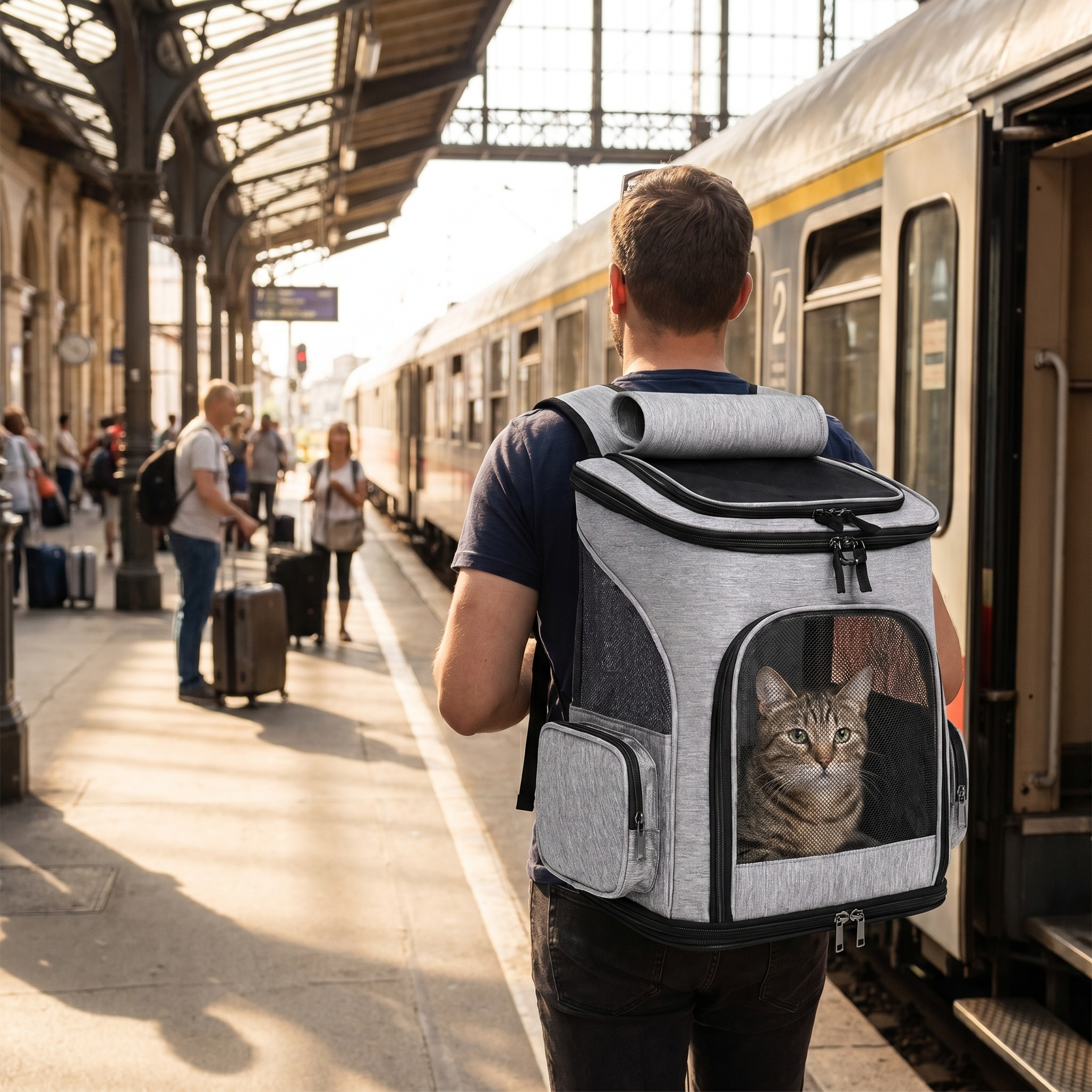 A traveler boards a train wearing the Voyage Haven cat carrier backpack, cat in the mesh window