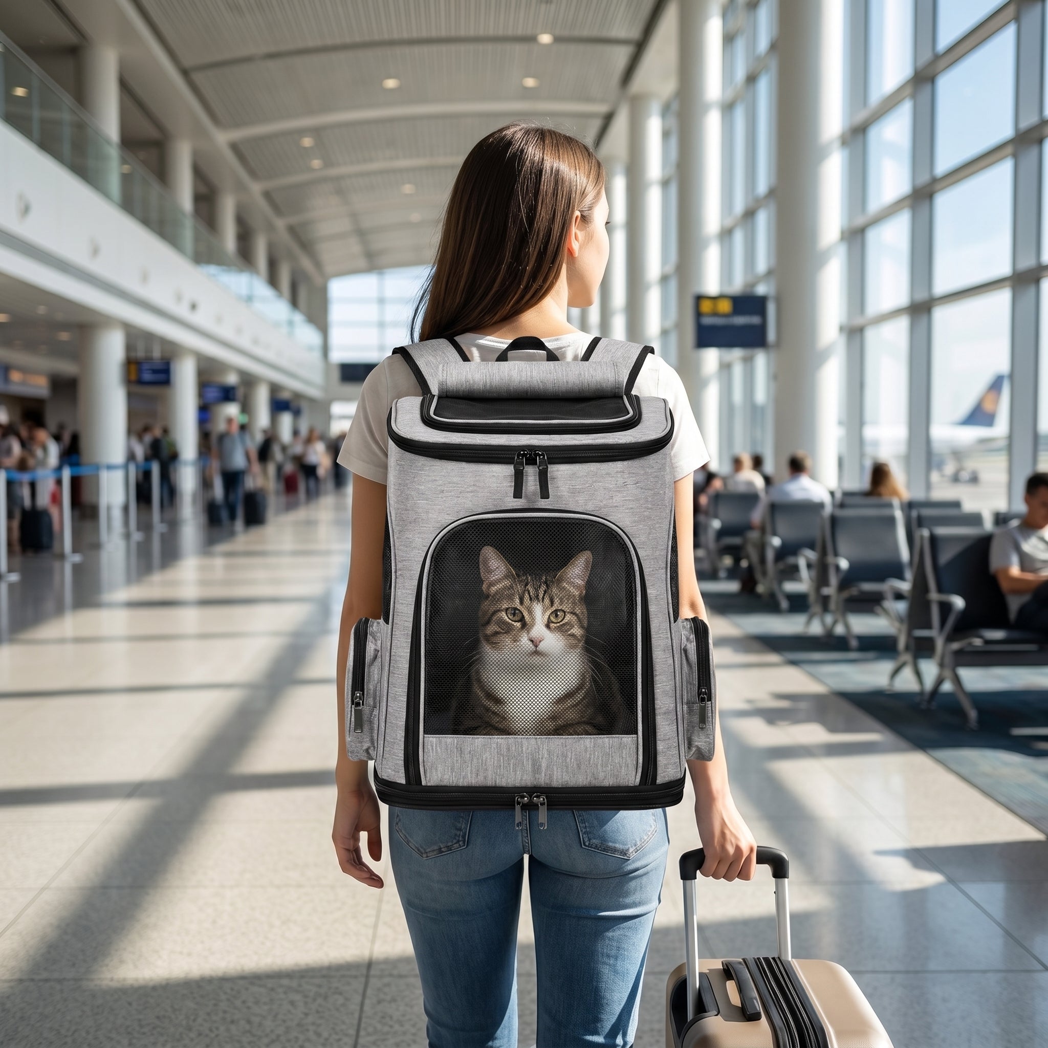 A traveler walks through an airport terminal wearing the Voyage Haven cat carrier backpack