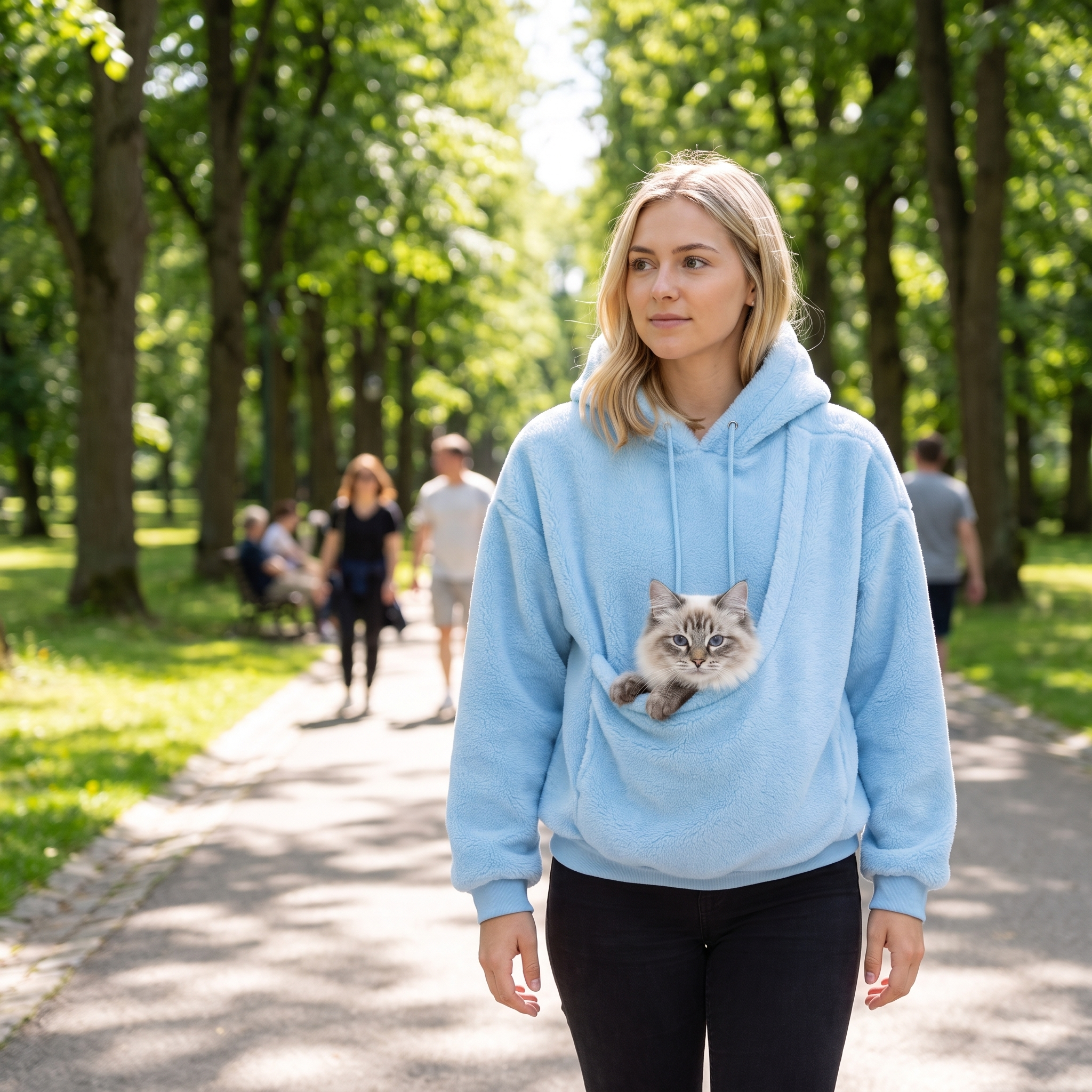 Woman walking in a park wearing the sky blue Cuddle Cloud pet carrier hoodie with a cat in the pouch