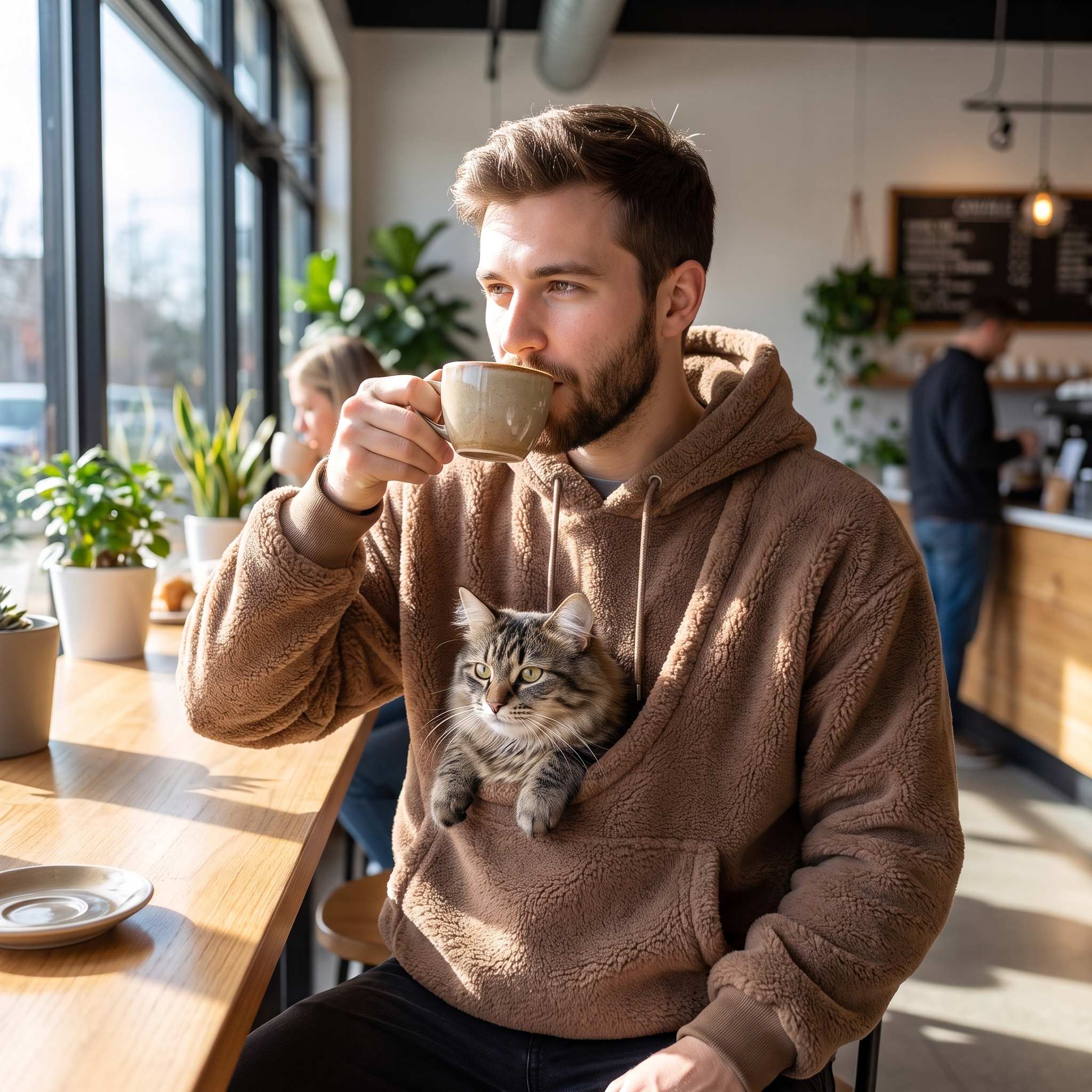 Man at a cafe wearing the coffee brown Cuddle Cloud pet carrier hoodie with a cat in the pouch