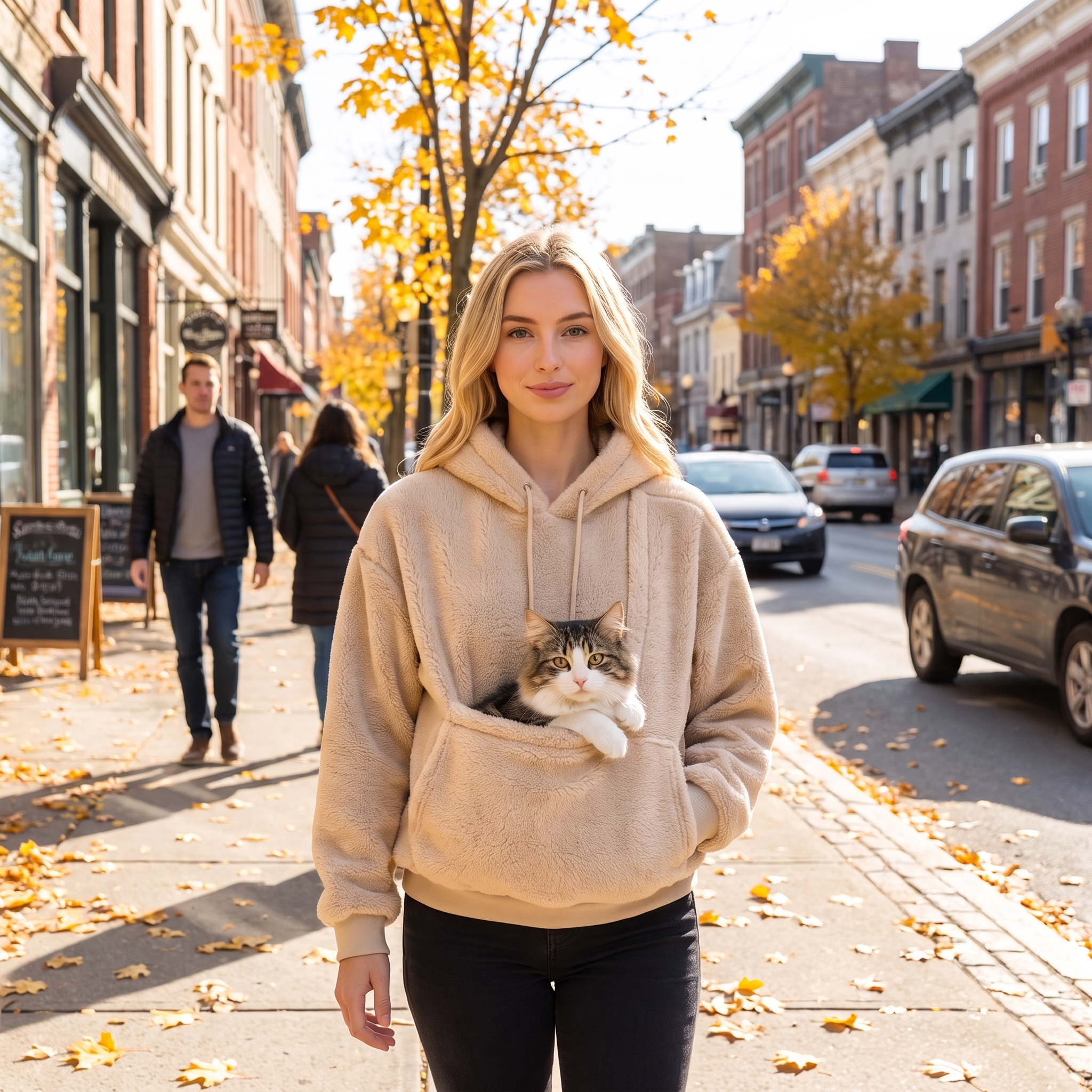 Woman on an autumn street wearing the beige Cuddle Cloud pet carrier hoodie with a cat in the pouch