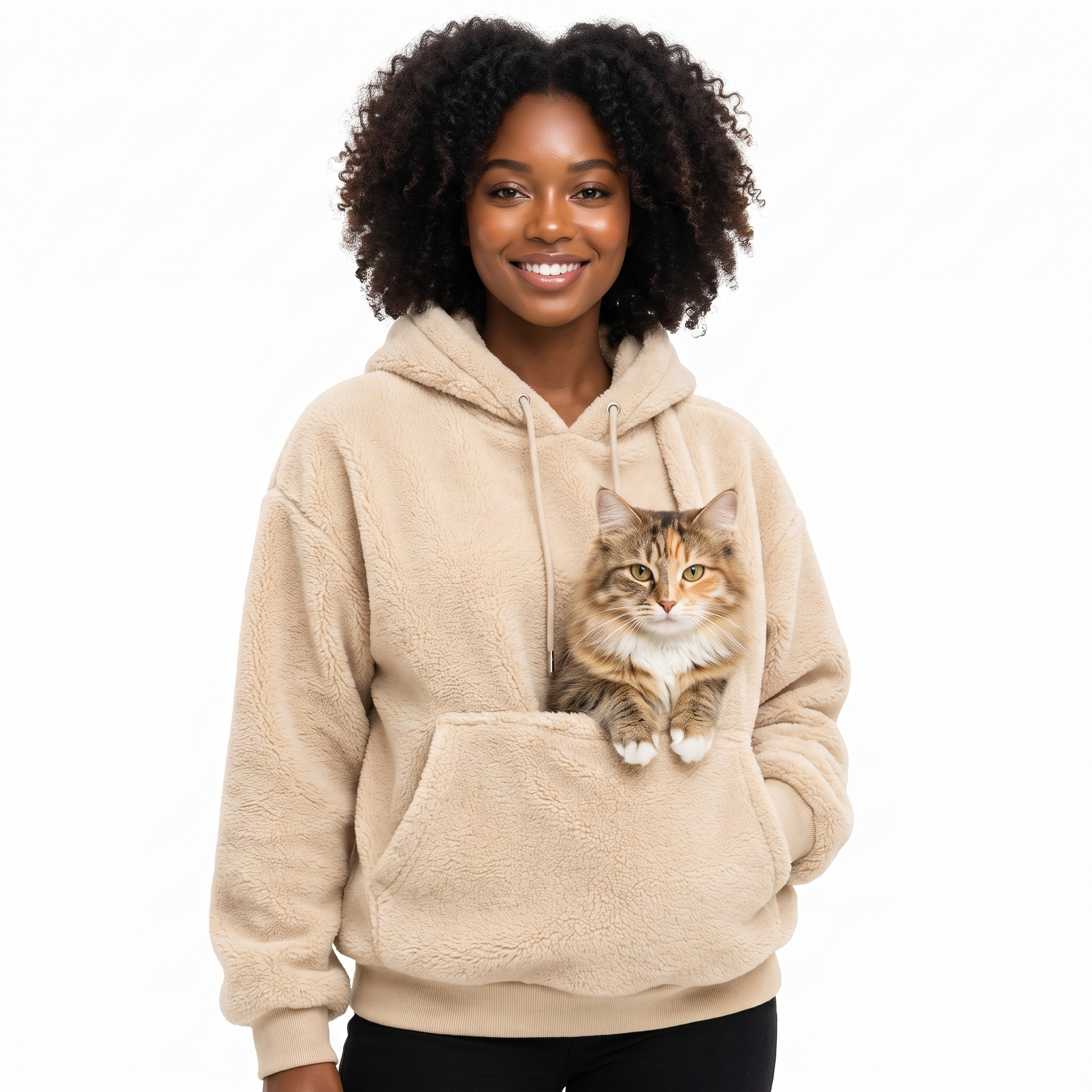 Beige Cuddle Cloud pet carrier hoodie with a cat in the pouch on a white background