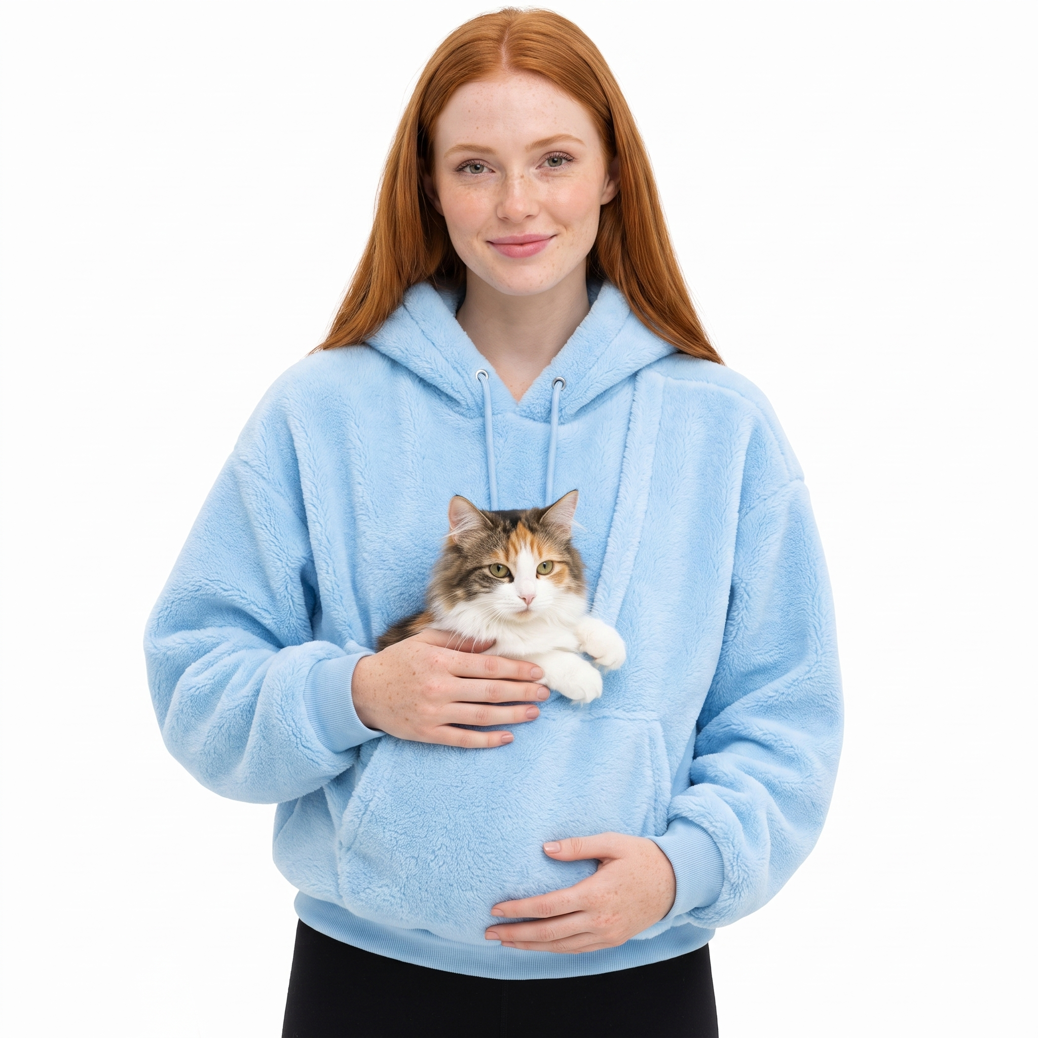 Sky blue Cuddle Cloud pet carrier hoodie with a cat in the pouch on a white background