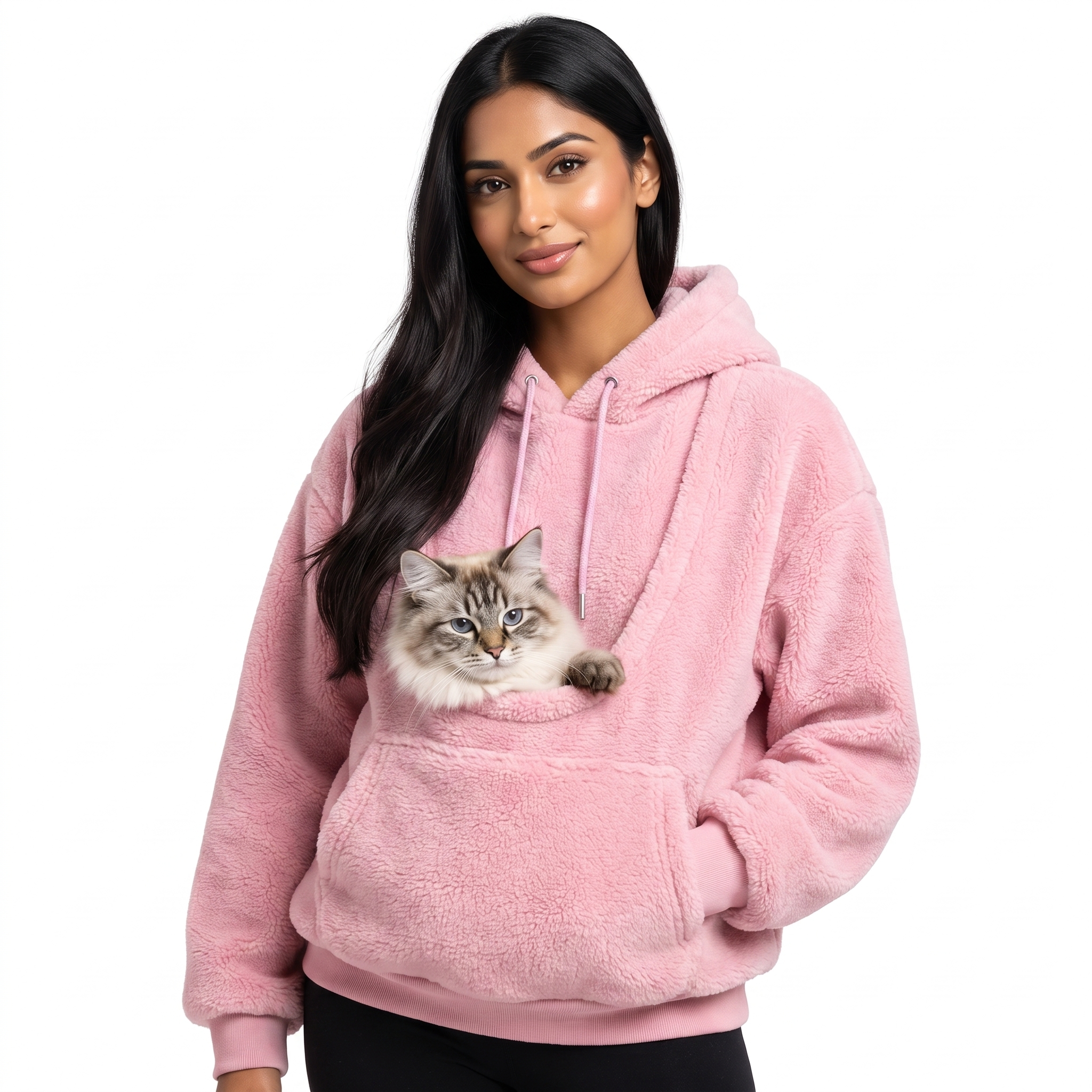 Pink Cuddle Cloud pet carrier hoodie with a cat in the pouch on a white background