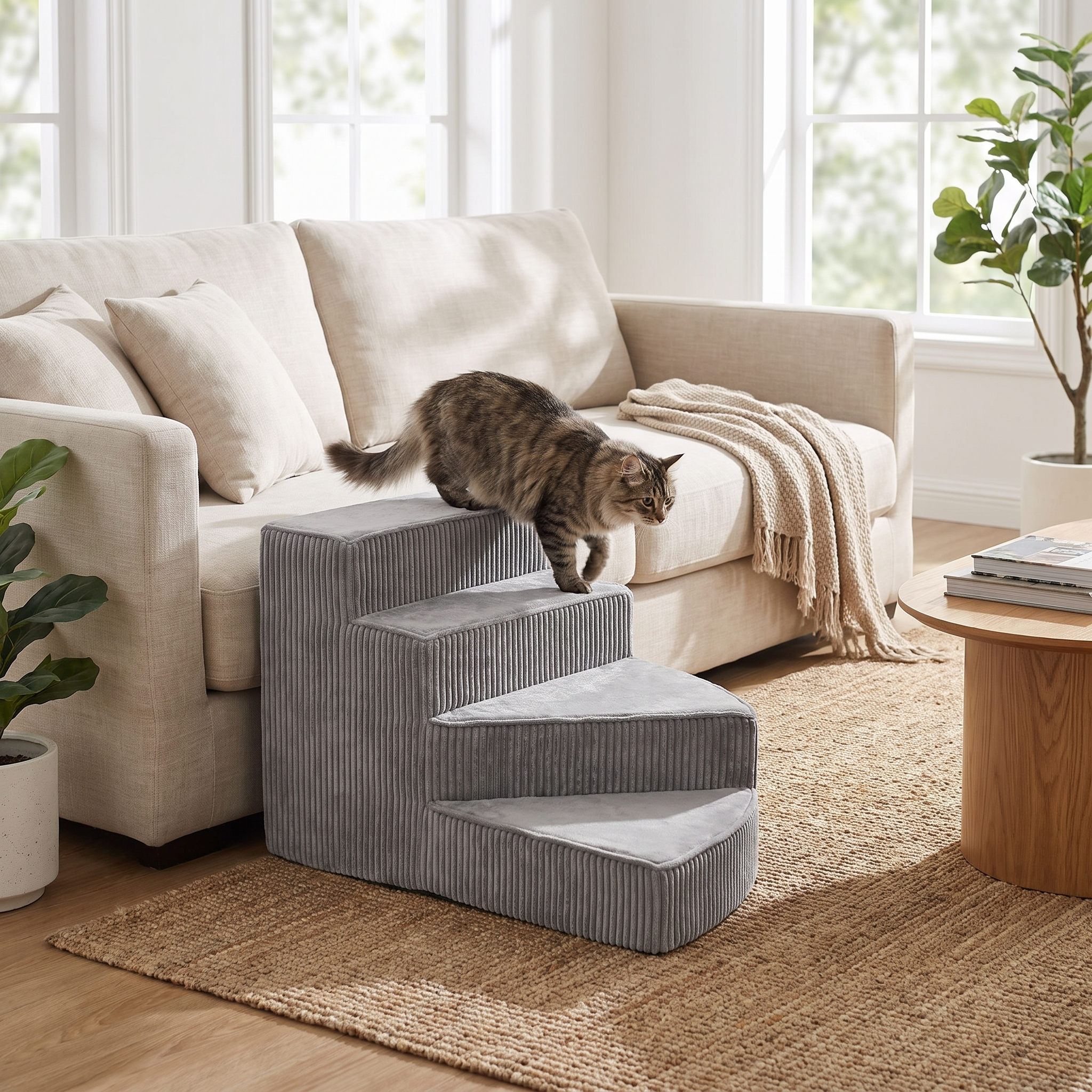Cat stepping up the grey Cloud Climb cat stairs beside a sofa