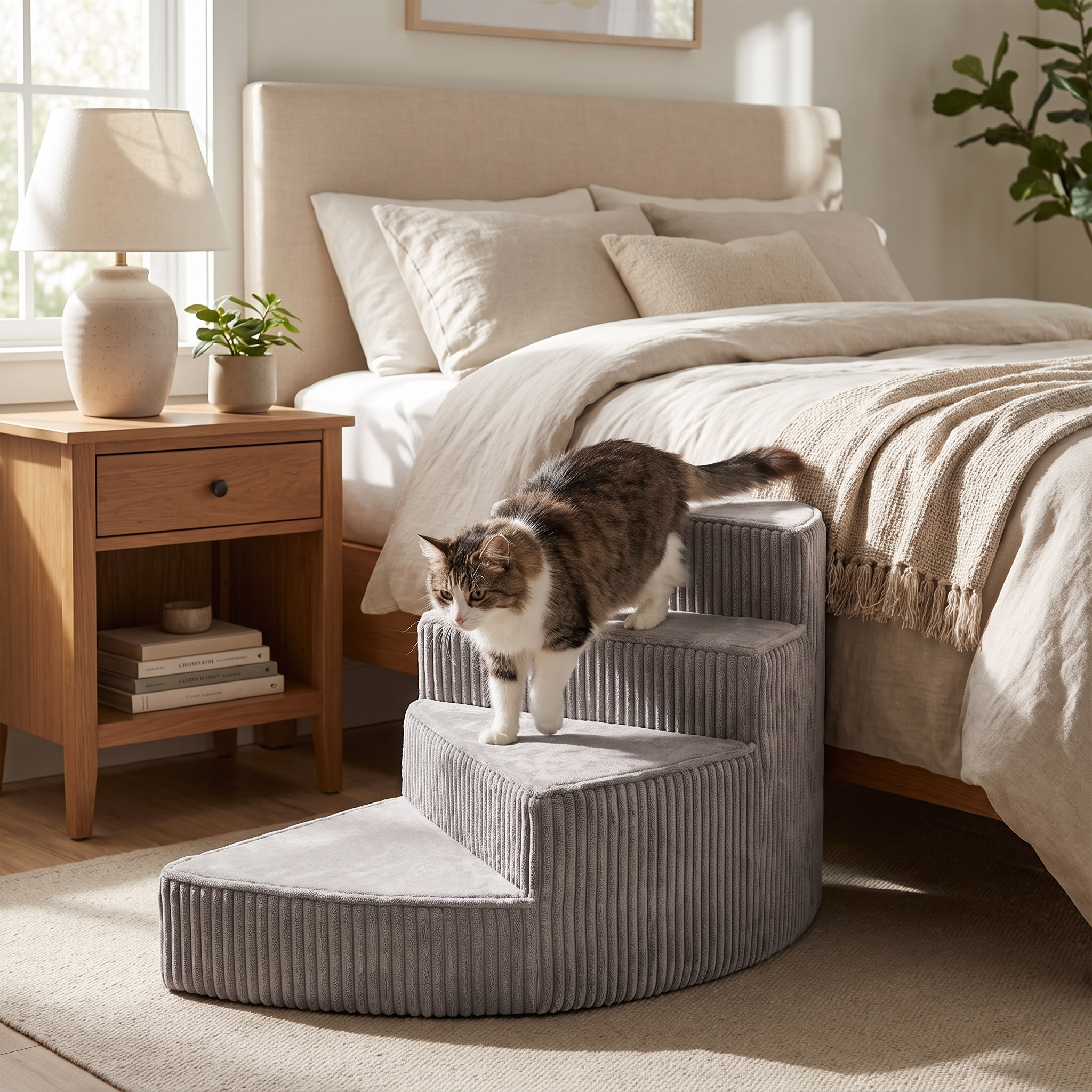 Senior cat gently stepping down the grey Cloud Climb cat stairs by a nightstand