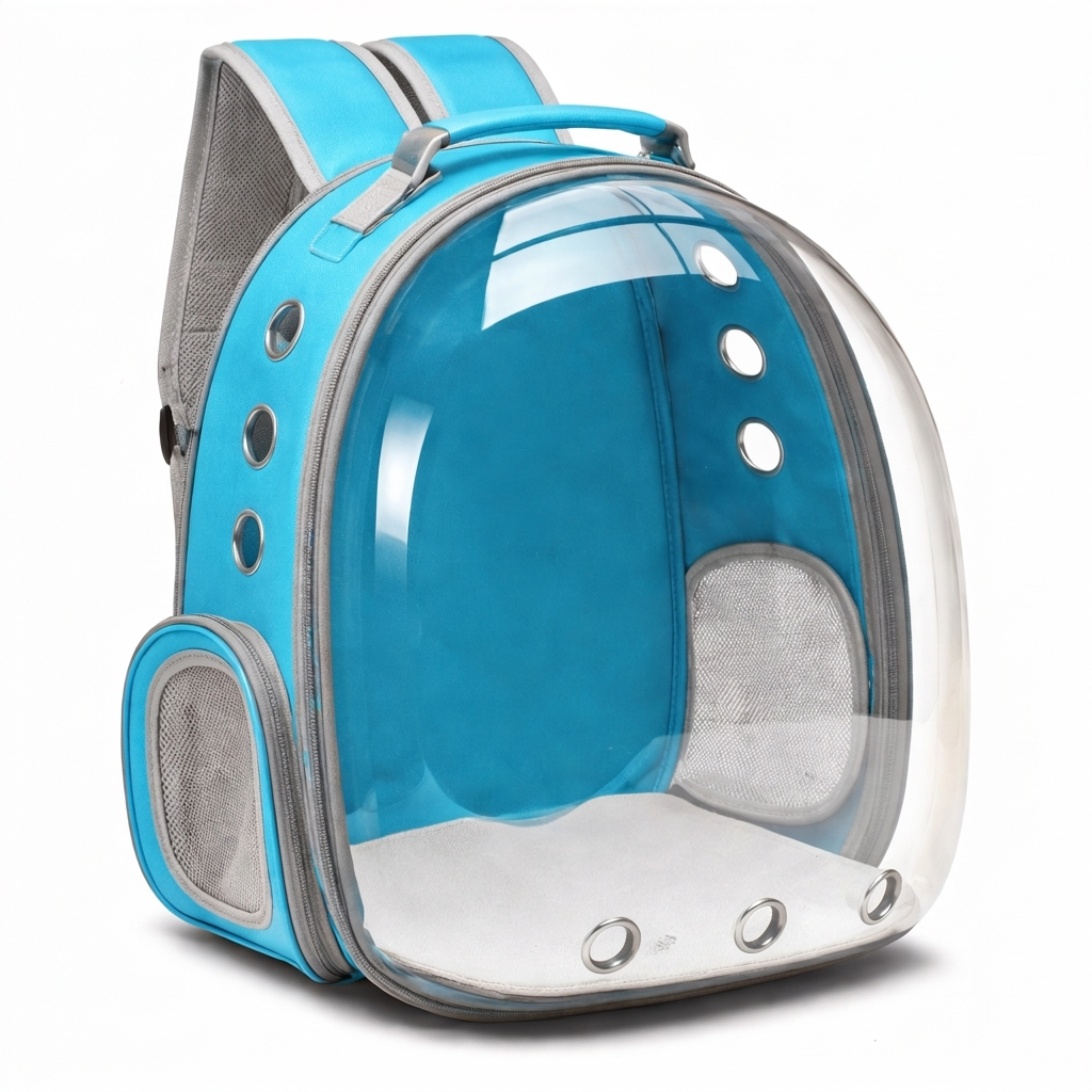 Blue round Bubble Voyage transparent cat carrier backpack on white background