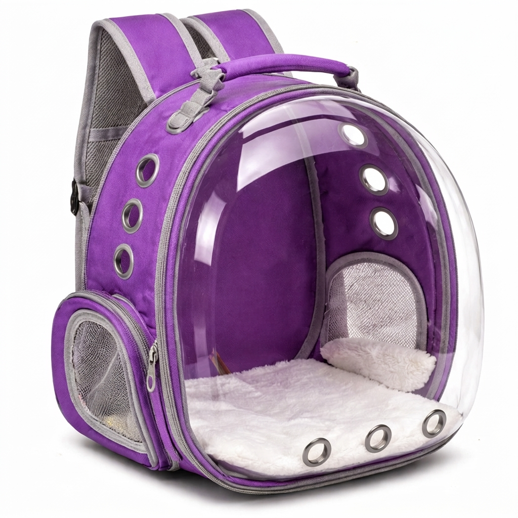 Purple round Bubble Voyage transparent cat carrier backpack on white background