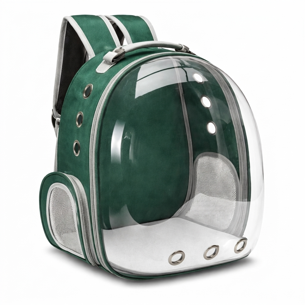 Green round Bubble Voyage transparent cat carrier backpack on white background