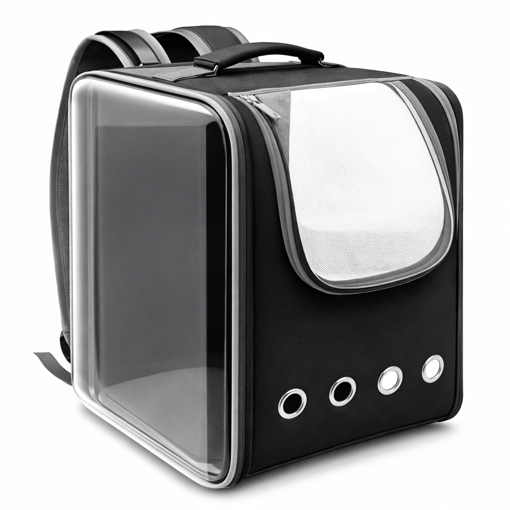 Black square Bubble Voyage transparent cat carrier backpack on white background
