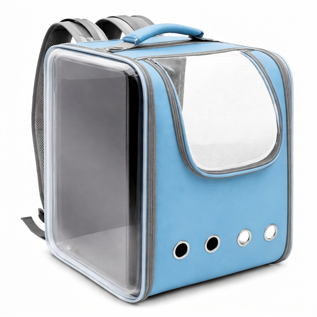 Blue square Bubble Voyage transparent cat carrier backpack on white background