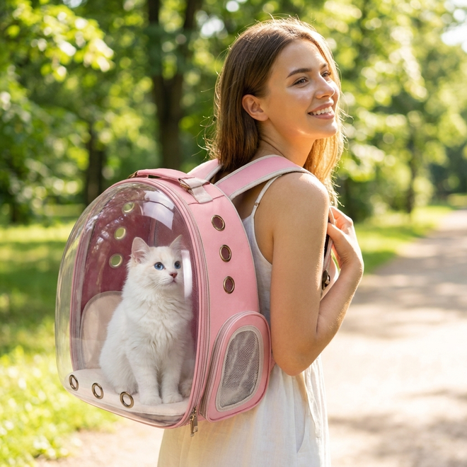 Woman walking in a sunny park wearing the pink Bubble Voyage cat carrier backpack with a cat sitting inside