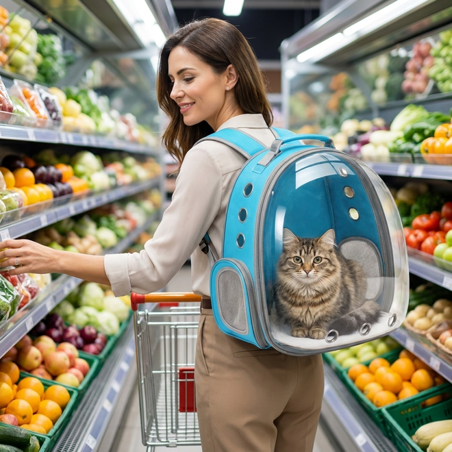 Woman grocery shopping wearing the blue Bubble Voyage cat carrier backpack with a cat sitting inside