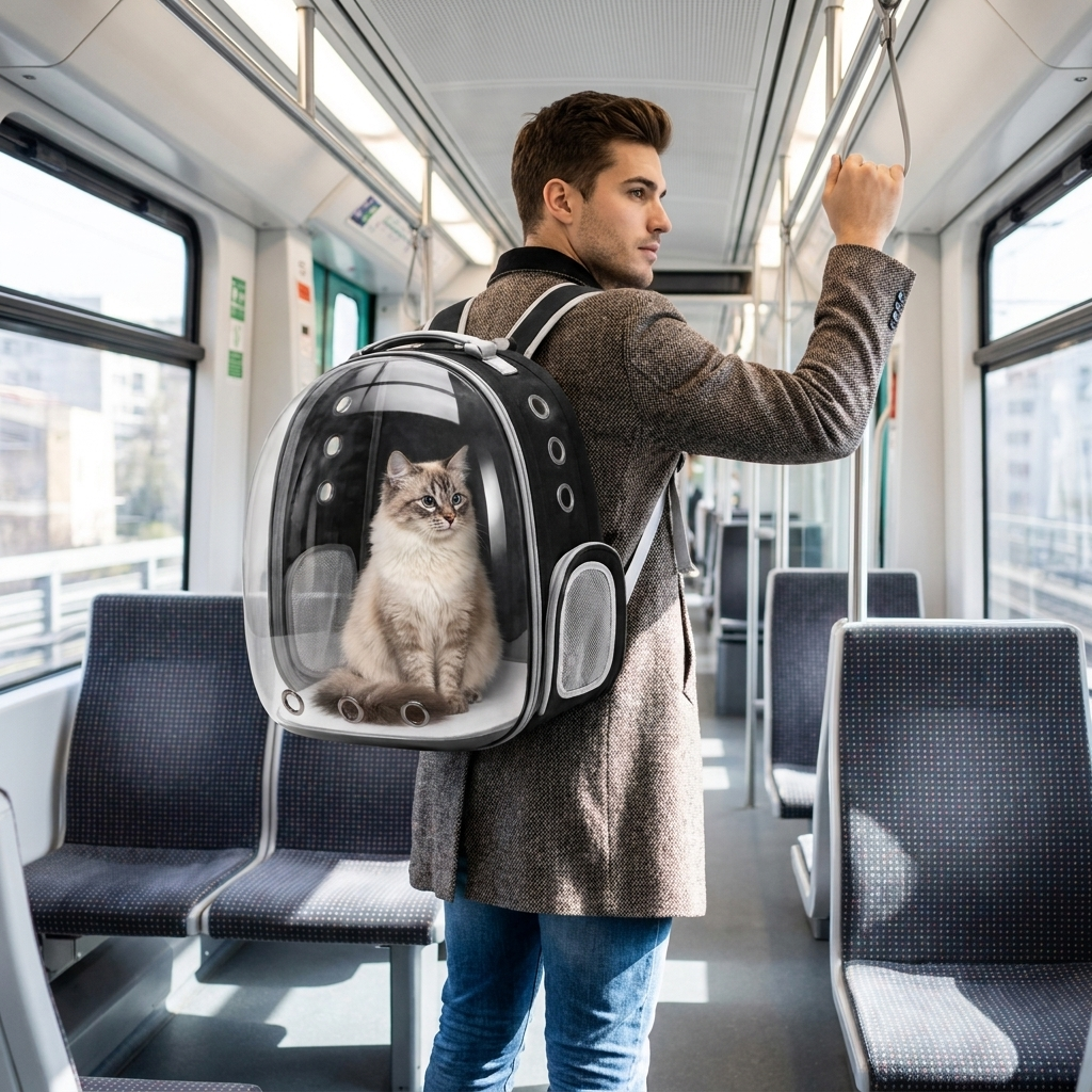 Man on a train wearing the black Bubble Voyage cat carrier backpack with a cat sitting inside