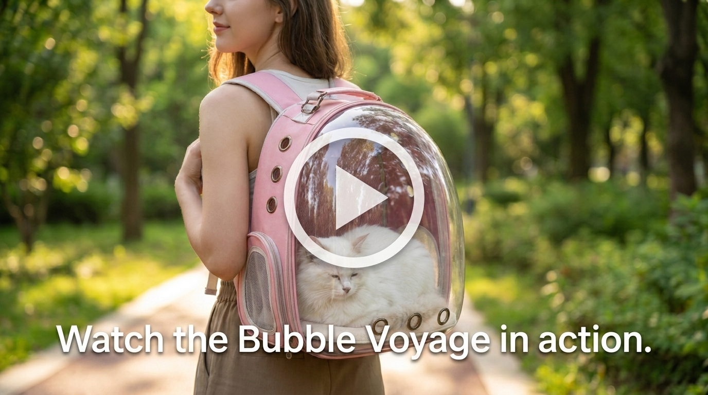 Watch the Bubble Voyage cat carrier backpack in action video cover with cuddled cat