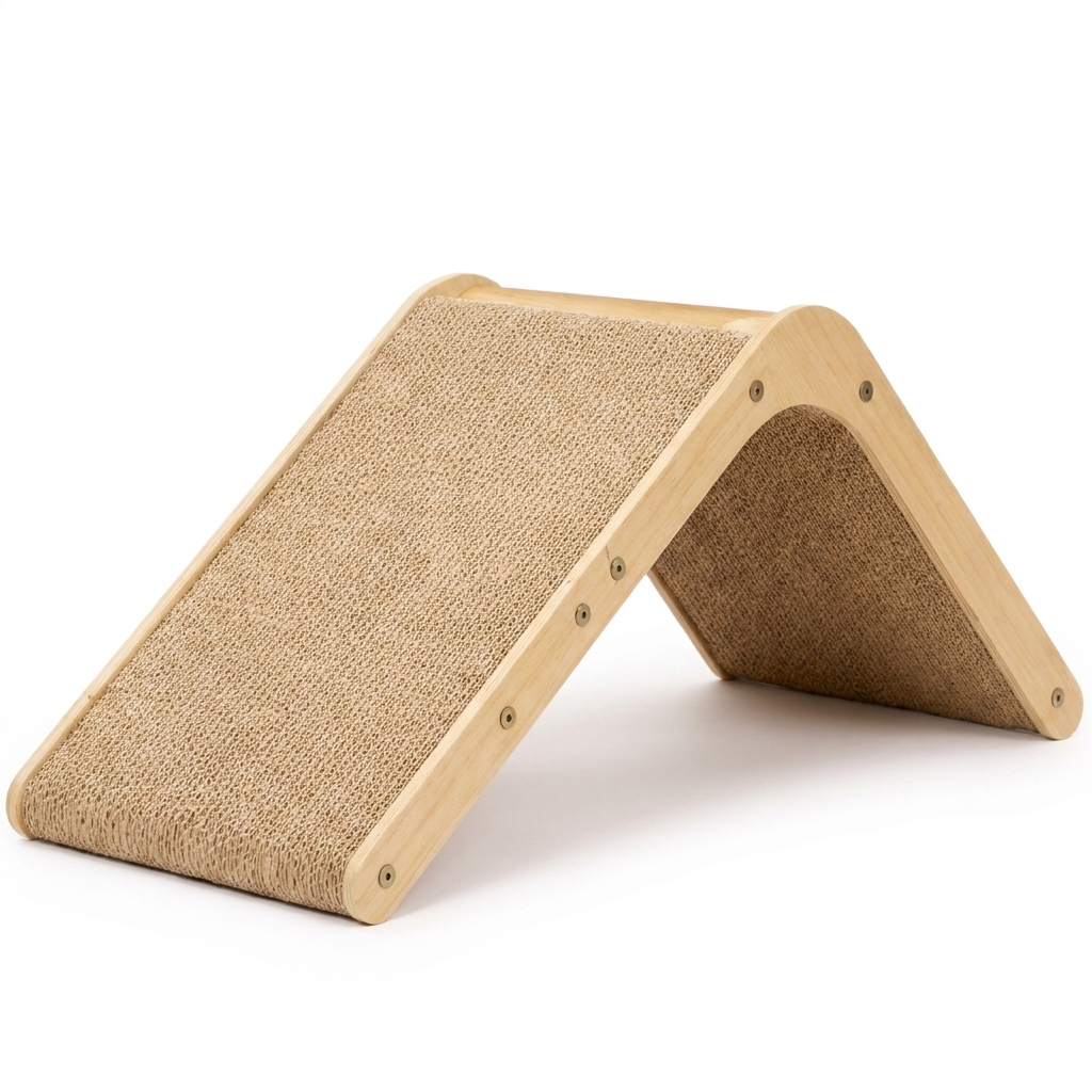Cozy Crest cardboard cat scratcher A-frame ramp config on white background