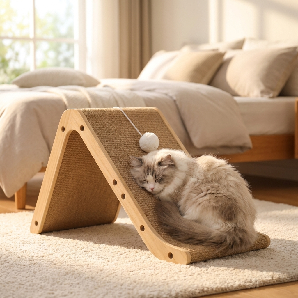 Cat cuddled lounging on the Cozy Crest A-frame ramp in a cozy bedroom